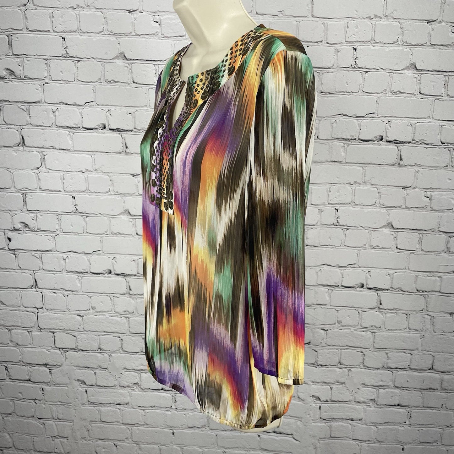 Chico’s Multicolor Chiffon Sheer Embellished 3/4 Sleeve Blouse Top Size 0 US 4