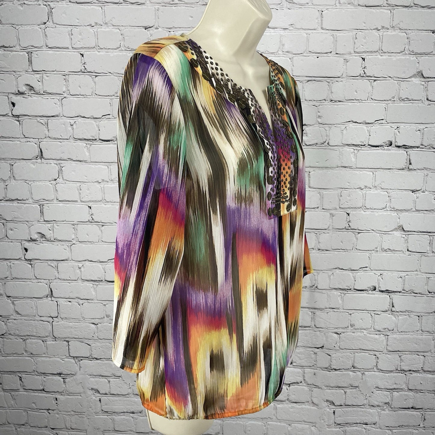 Chico’s Multicolor Chiffon Sheer Embellished 3/4 Sleeve Blouse Top Size 0 US 4