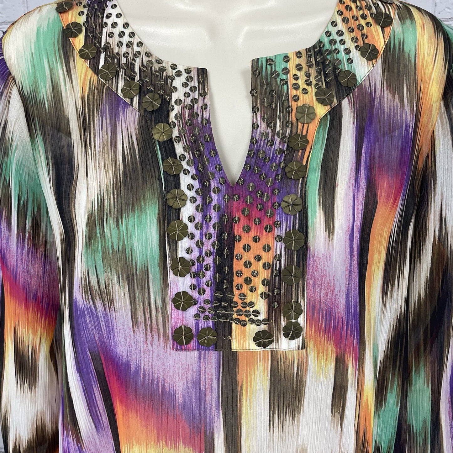 Chico’s Multicolor Chiffon Sheer Embellished 3/4 Sleeve Blouse Top Size 0 US 4