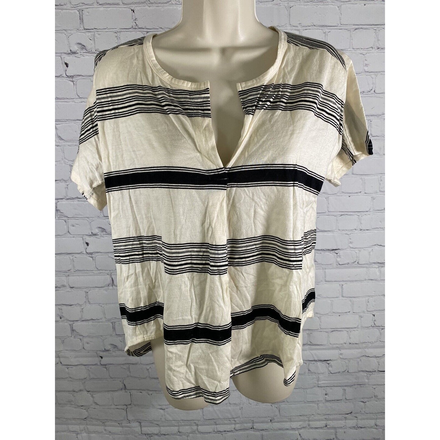 Madewell Black Beige V Neck Striped Short Sleeve T Shirt Blouse S