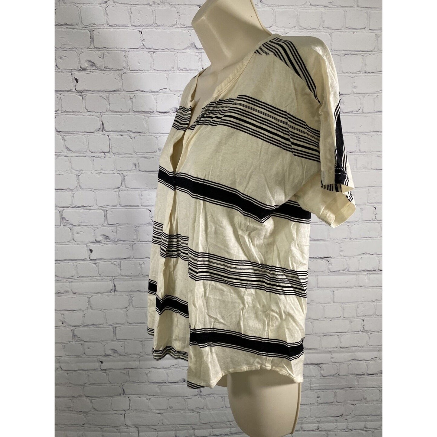 Madewell Black Beige V Neck Striped Short Sleeve T Shirt Blouse S
