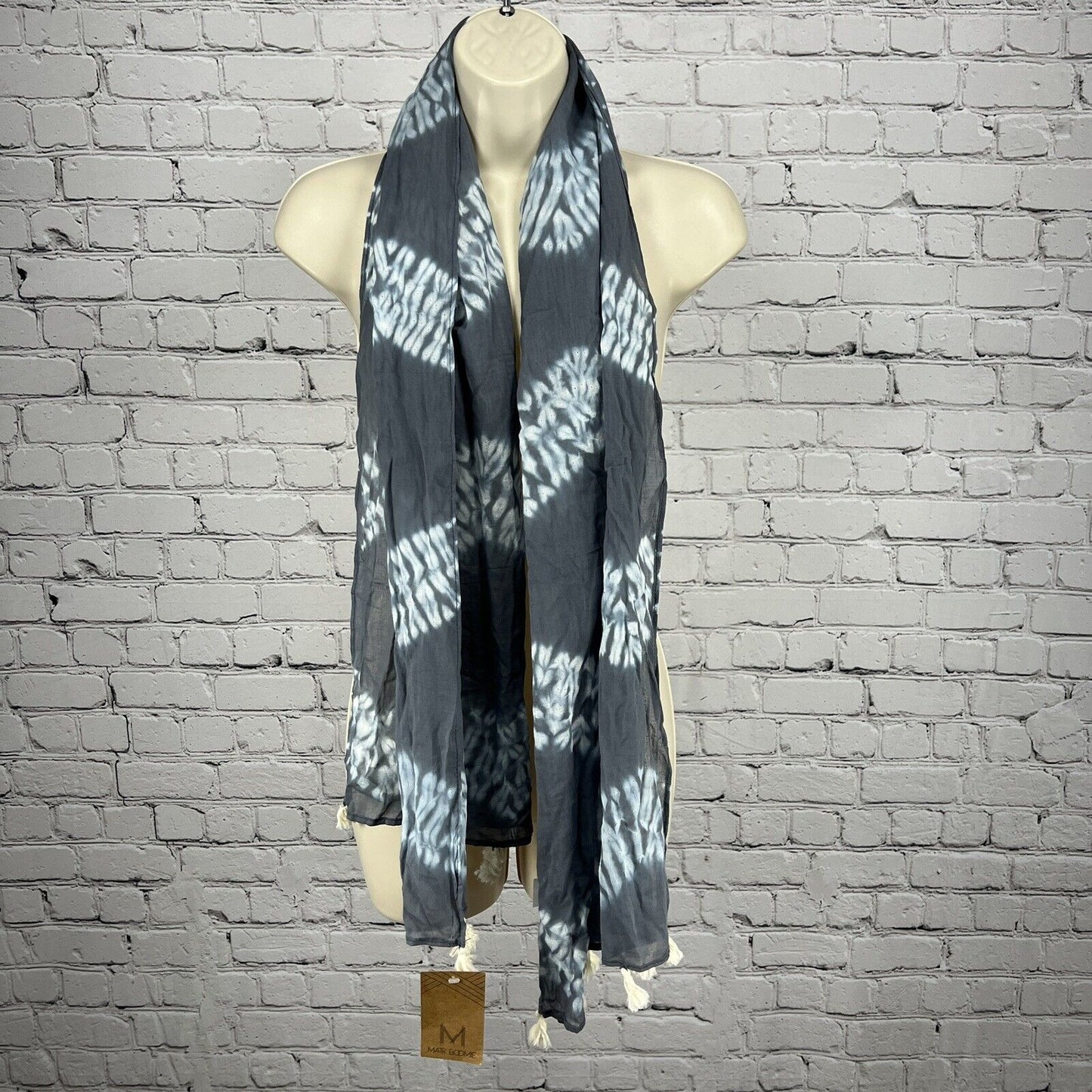 NWT Matr Boomie Blue Grey Dotted Tie Dyed Wavey Tasseled Scarf India Handmade