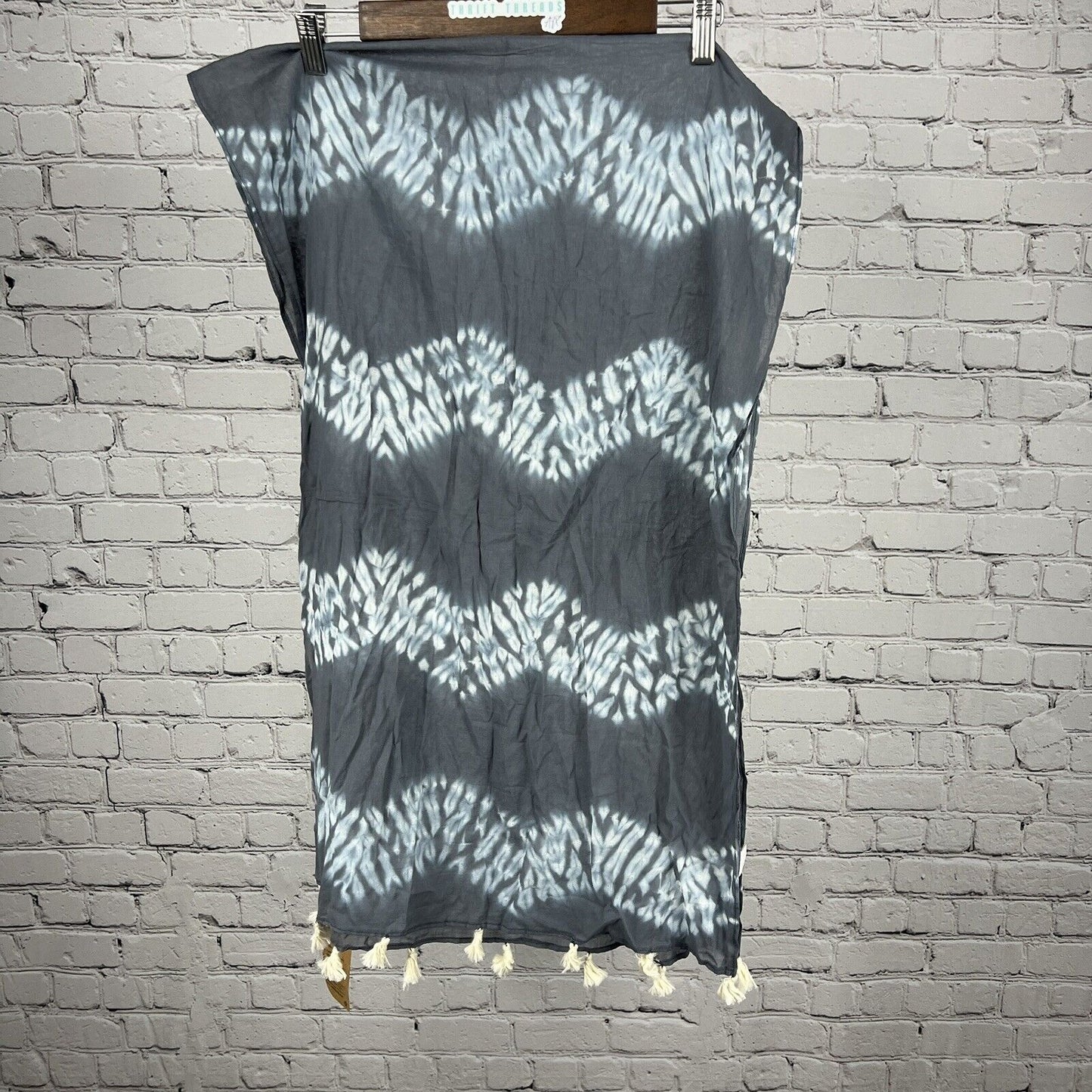 NWT Matr Boomie Blue Grey Dotted Tie Dyed Wavey Tasseled Scarf India Handmade