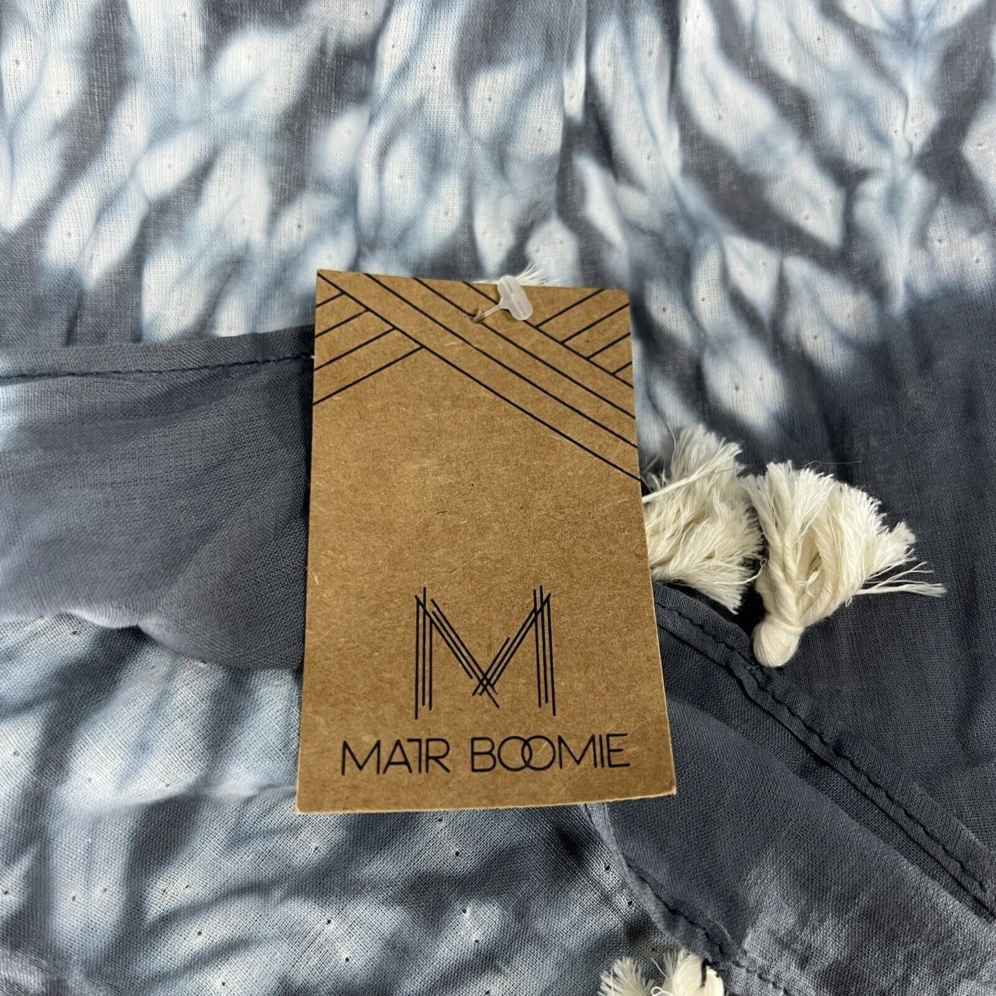 NWT Matr Boomie Blue Grey Dotted Tie Dyed Wavey Tasseled Scarf India Handmade