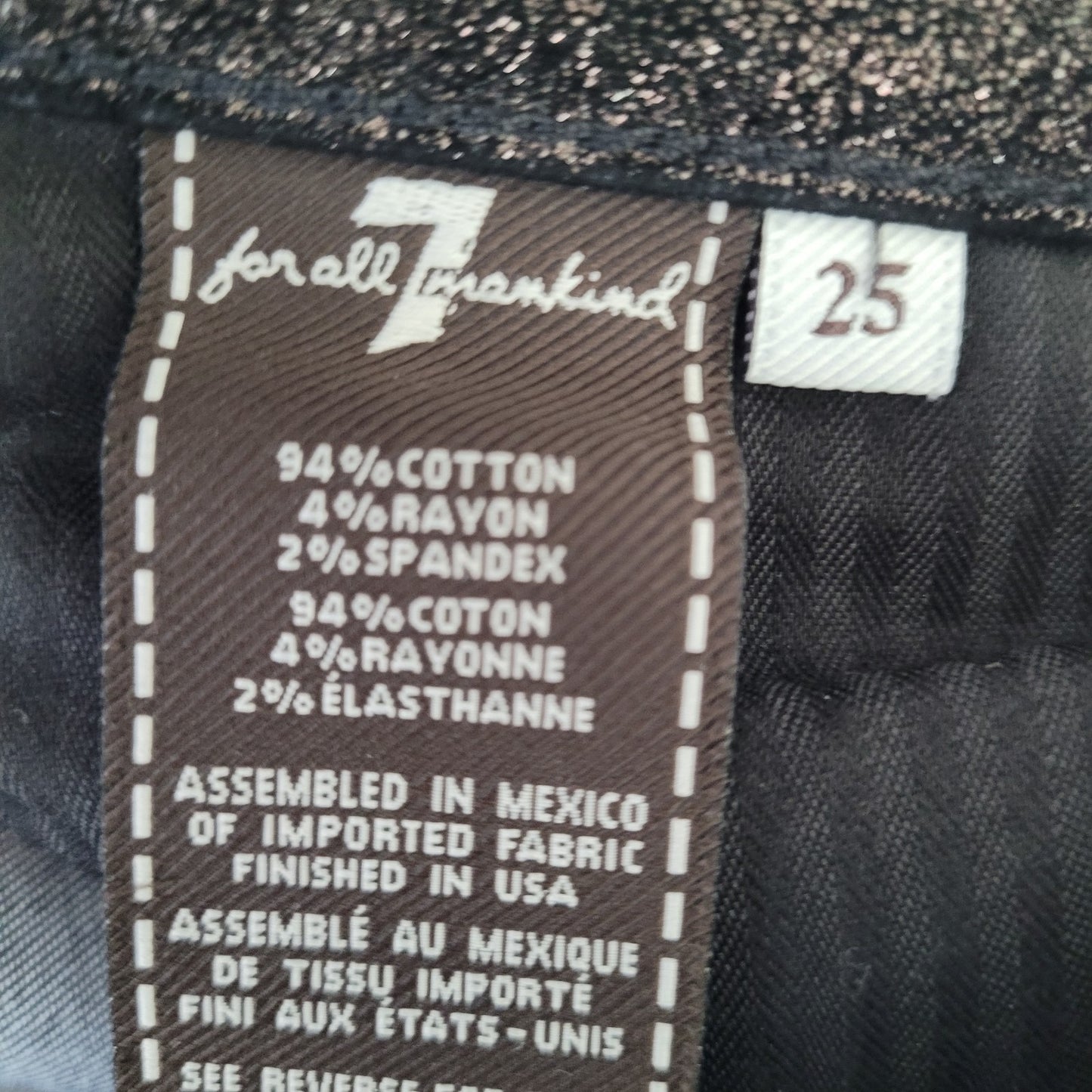 7 For All Mankind Black Metallic Shimmer Low Rise Skinny Pants Size 25 (25x29)