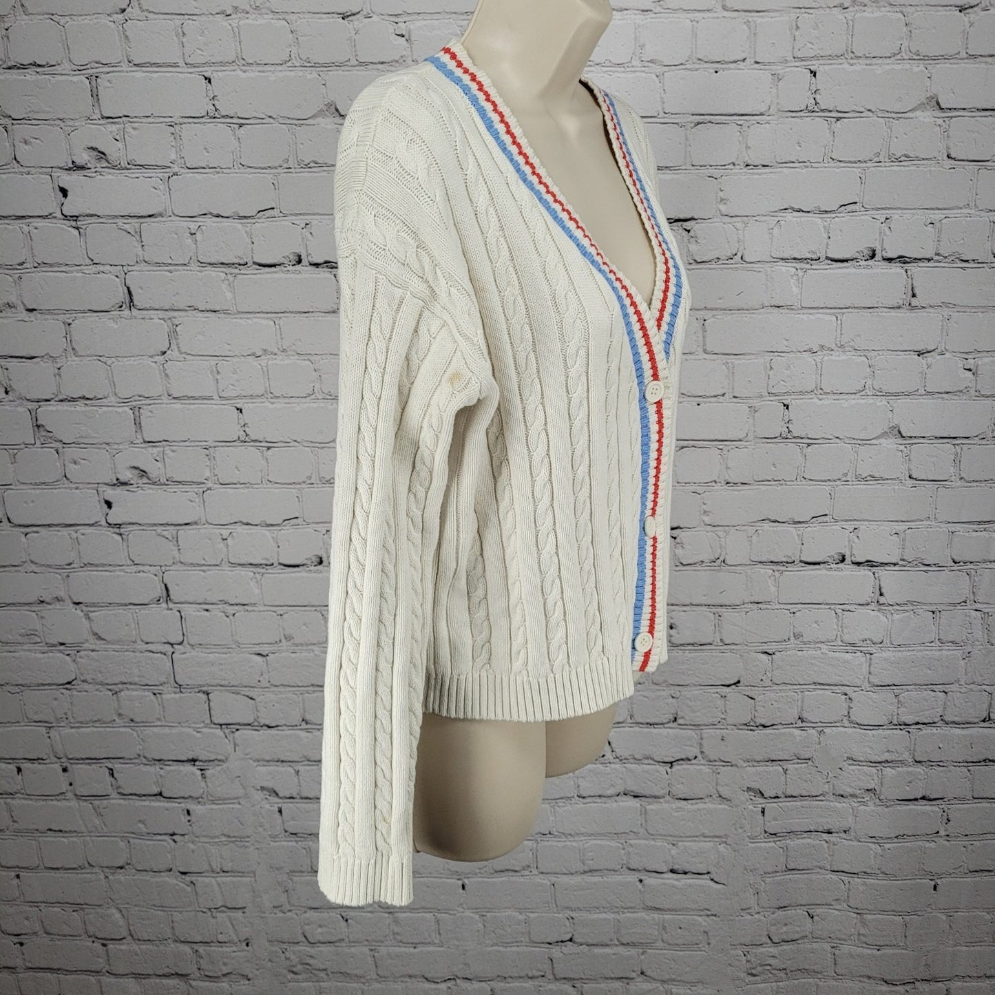 Prince Pickleball Ivory Striped Buttoned Long Sleeve Cardigan Sweater Medium M