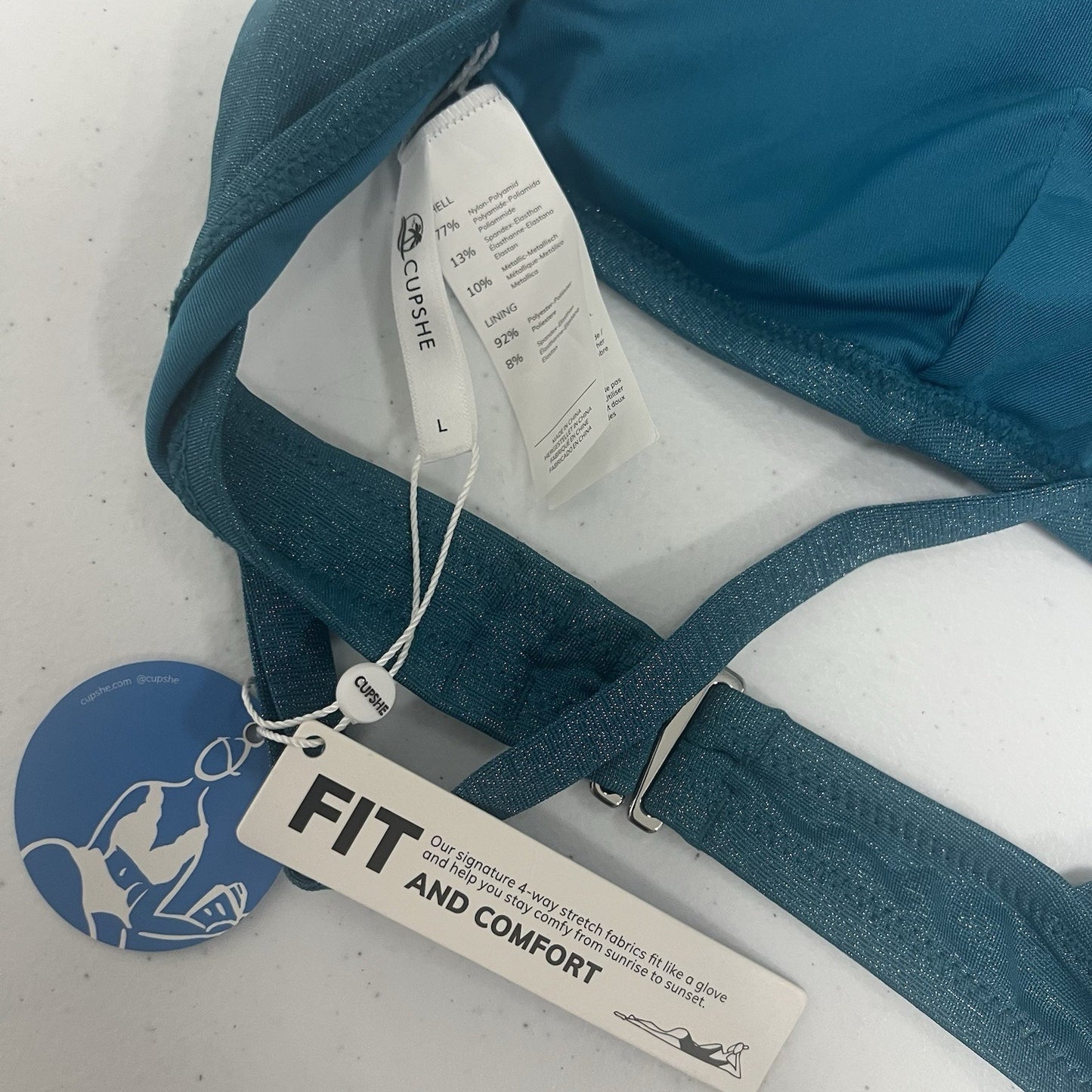 NWT Cupshe Teal Sparkle Glitter Lightly Padded Stretch Bikini Swim Top Large L