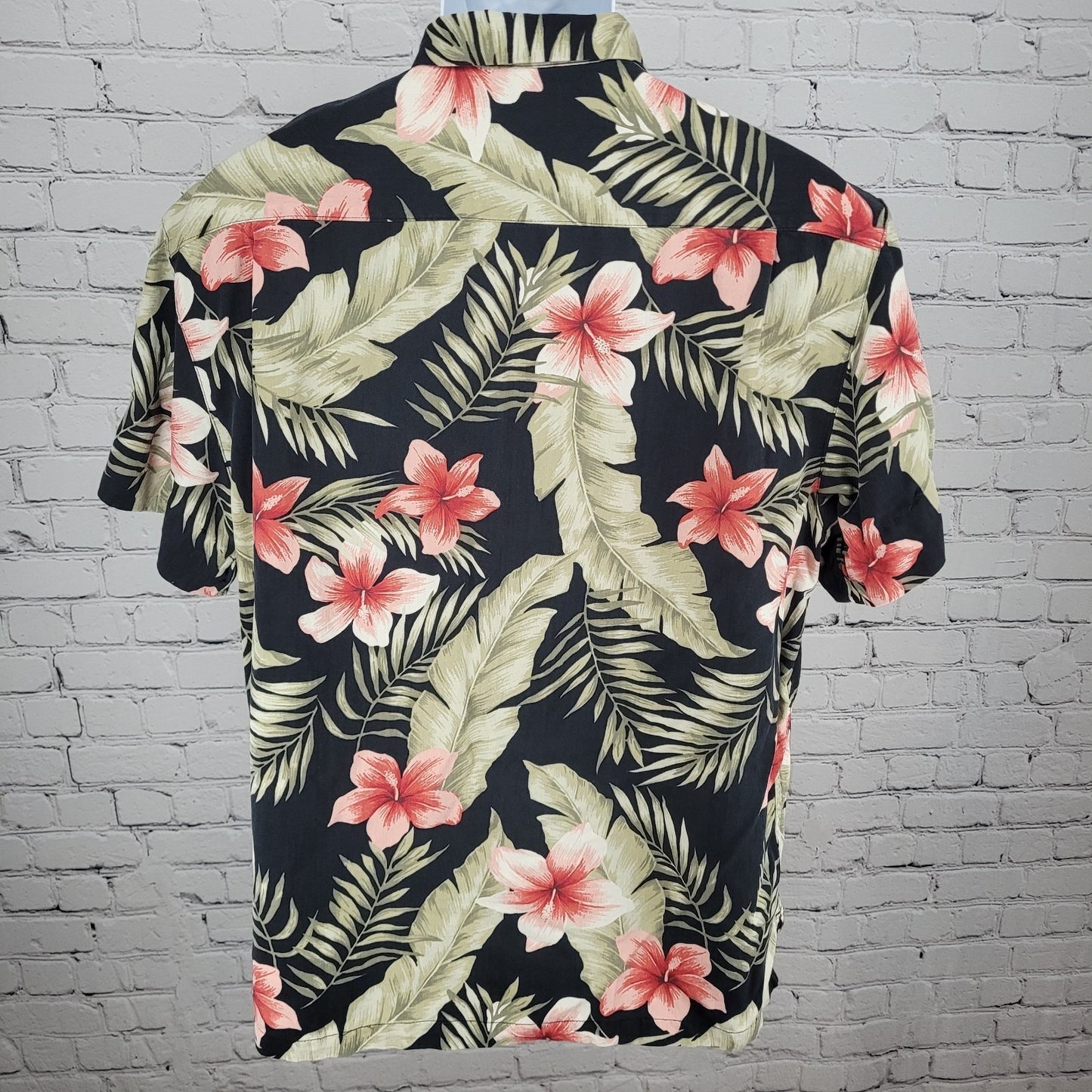 Caribbean Black Tropical Floral Silk Blend Hawaiian Button Up Shirt Size Large L