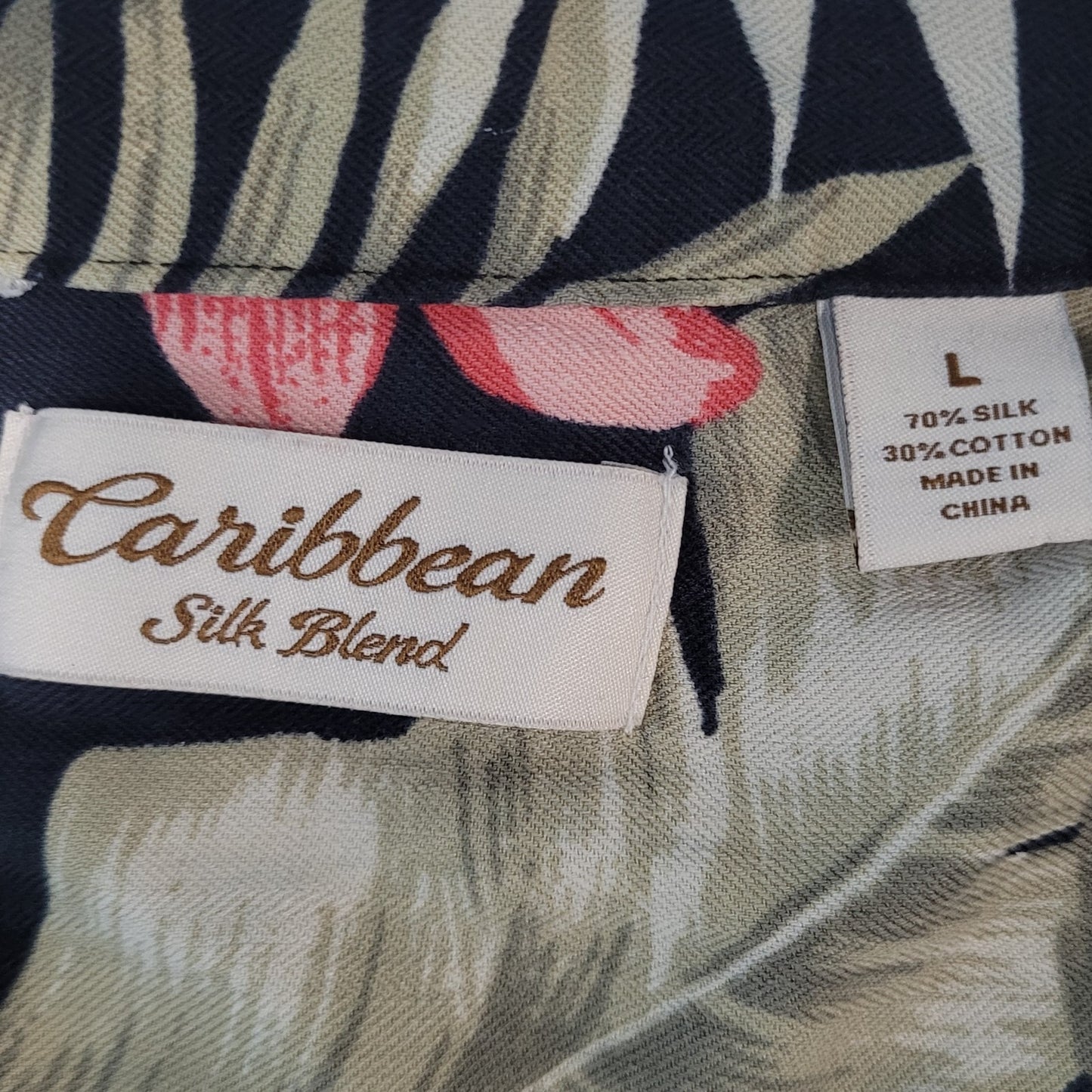Caribbean Black Tropical Floral Silk Blend Hawaiian Button Up Shirt Size Large L