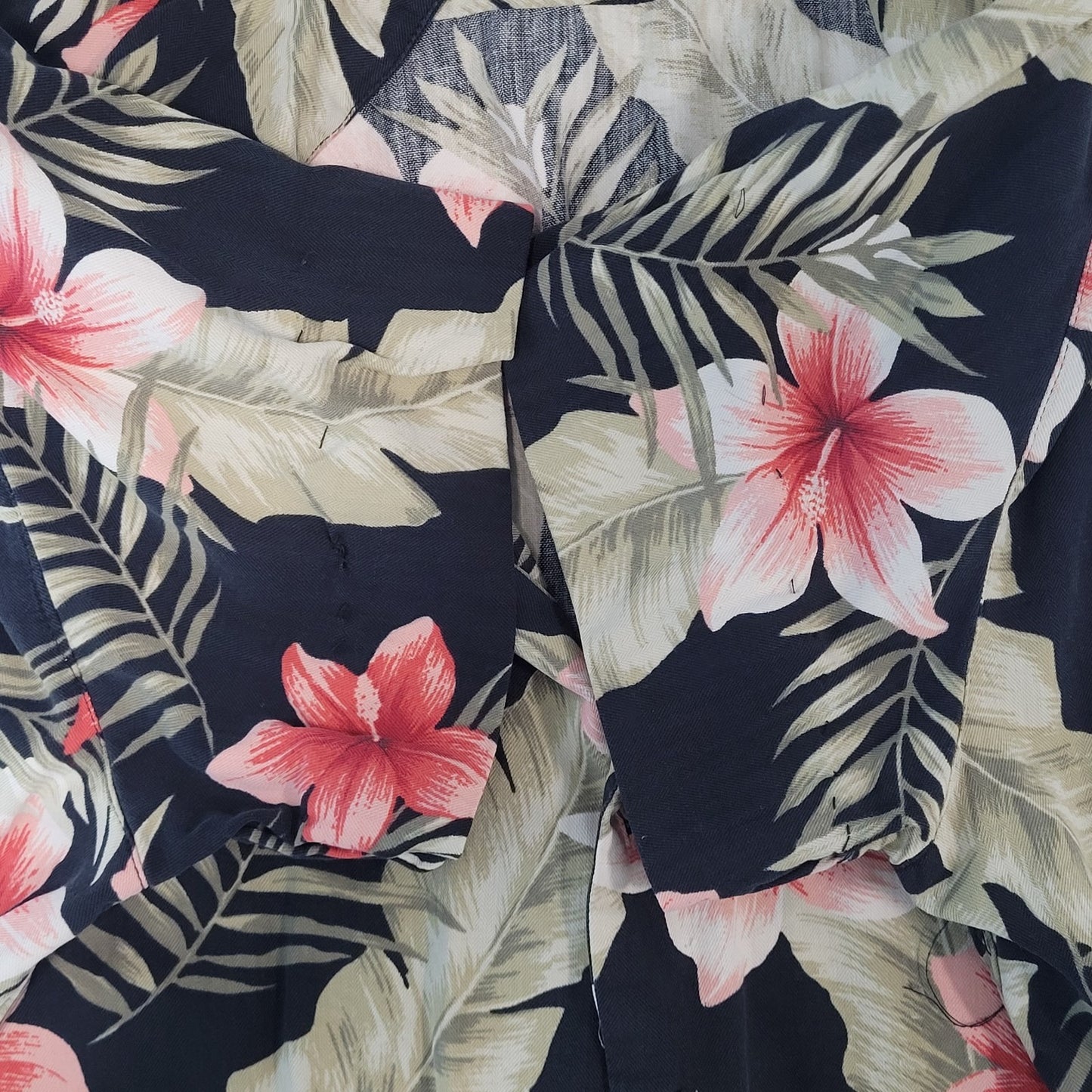 Caribbean Black Tropical Floral Silk Blend Hawaiian Button Up Shirt Size Large L