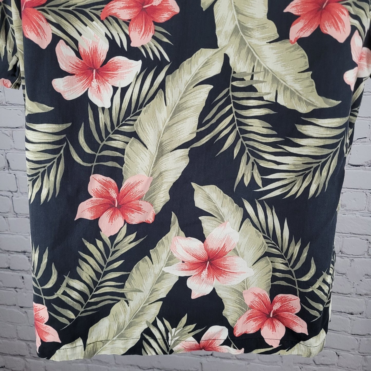 Caribbean Black Tropical Floral Silk Blend Hawaiian Button Up Shirt Size Large L