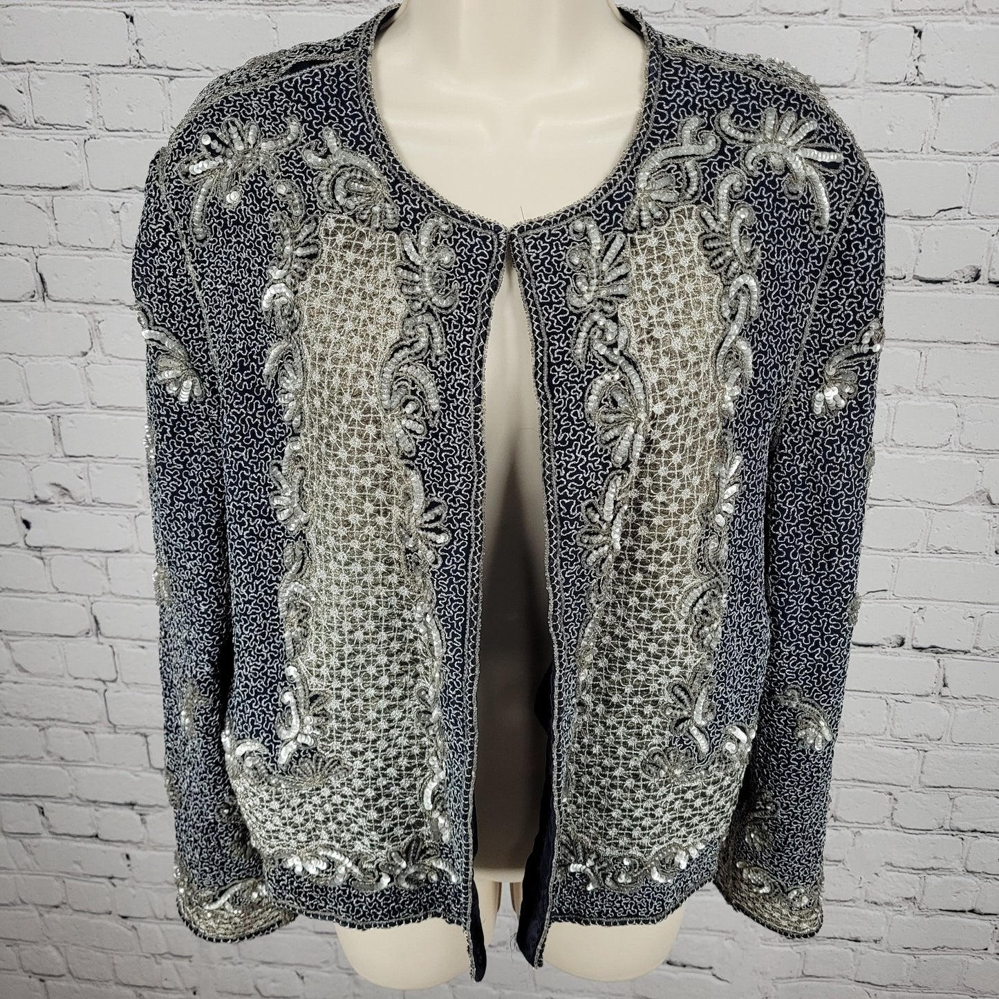 Adrianna Papell Blue Sequin Metallic Embellished Evening Jacket Size Medium M
