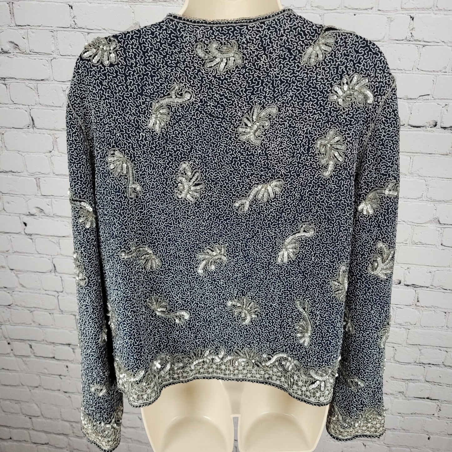 Adrianna Papell Blue Sequin Metallic Embellished Evening Jacket Size Medium M