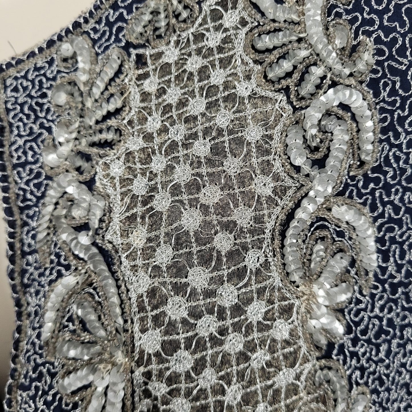 Adrianna Papell Blue Sequin Metallic Embellished Evening Jacket Size Medium M