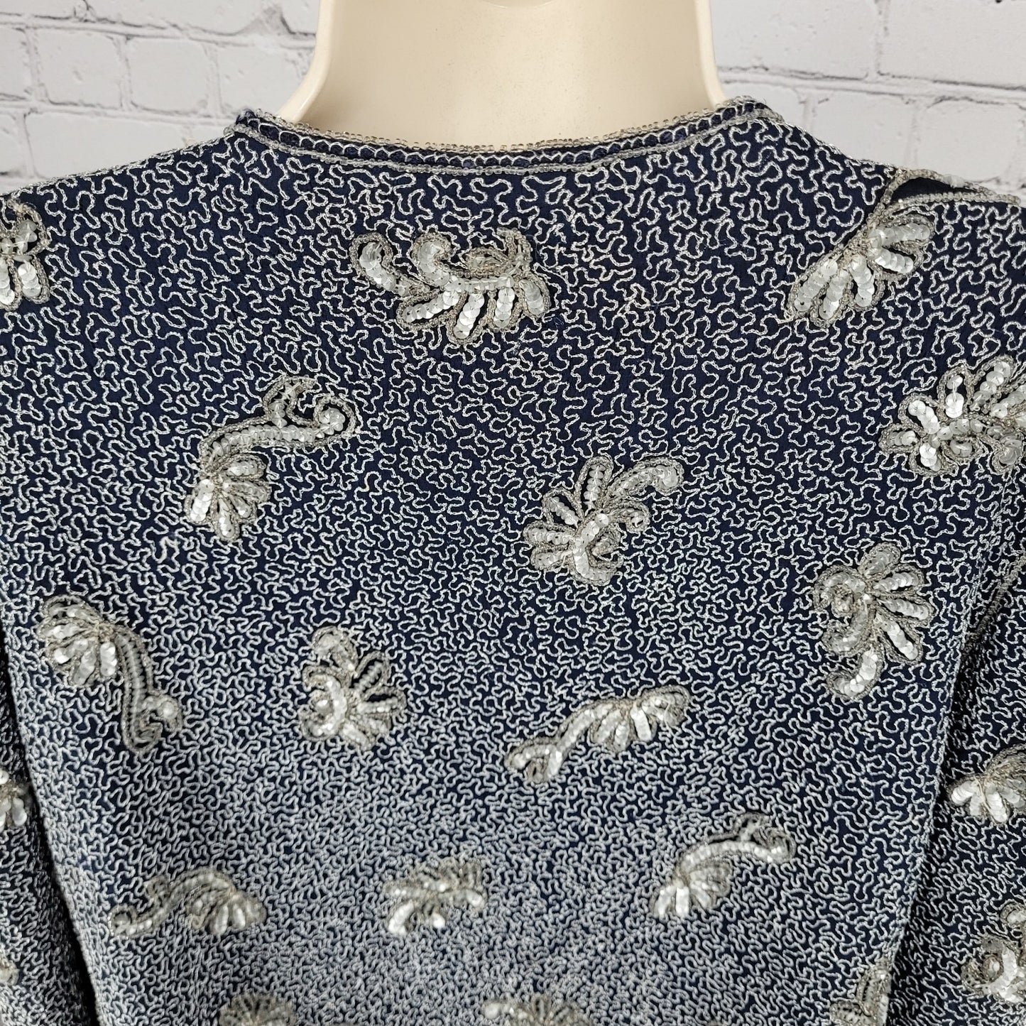 Adrianna Papell Blue Sequin Metallic Embellished Evening Jacket Size Medium M