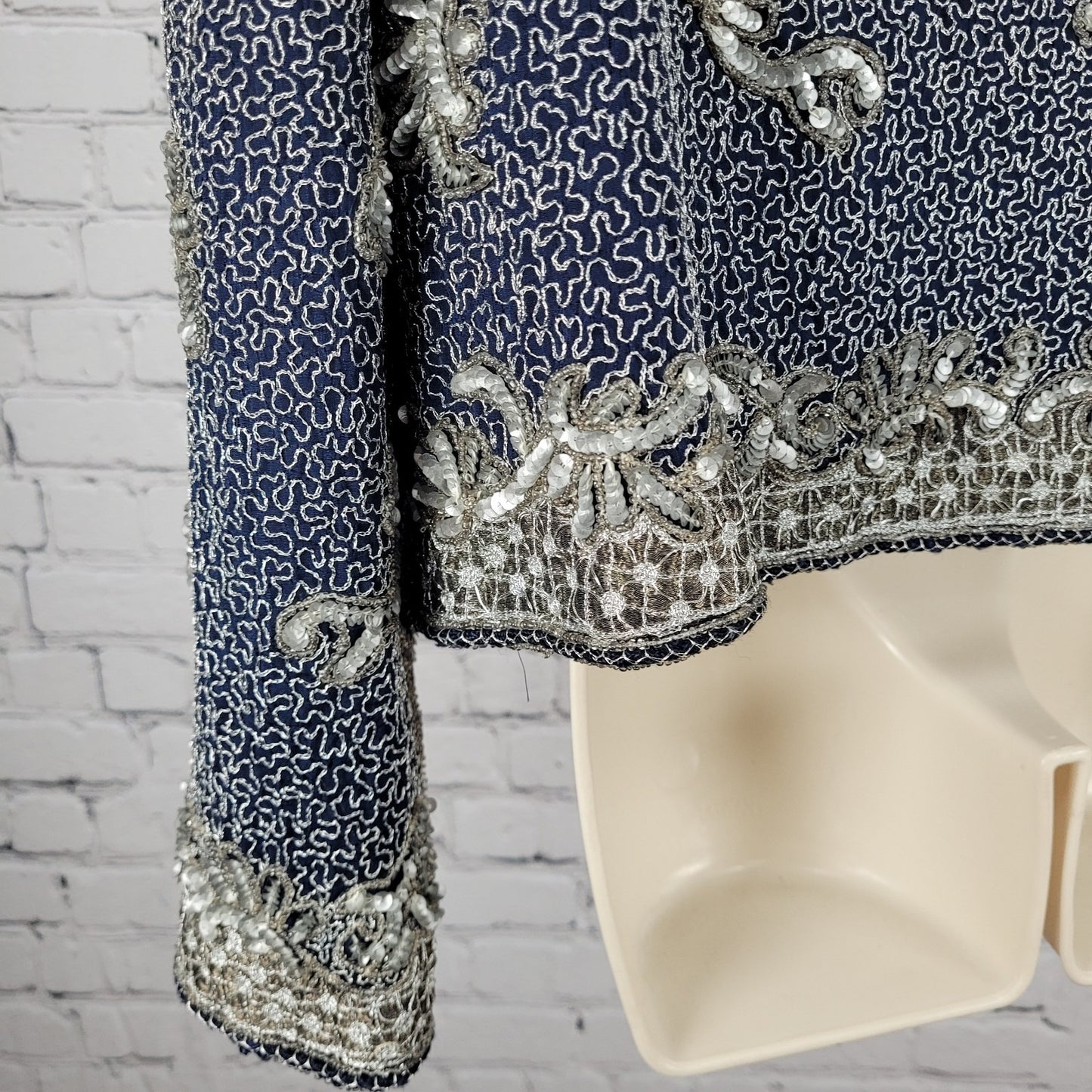 Adrianna Papell Blue Sequin Metallic Embellished Evening Jacket Size Medium M
