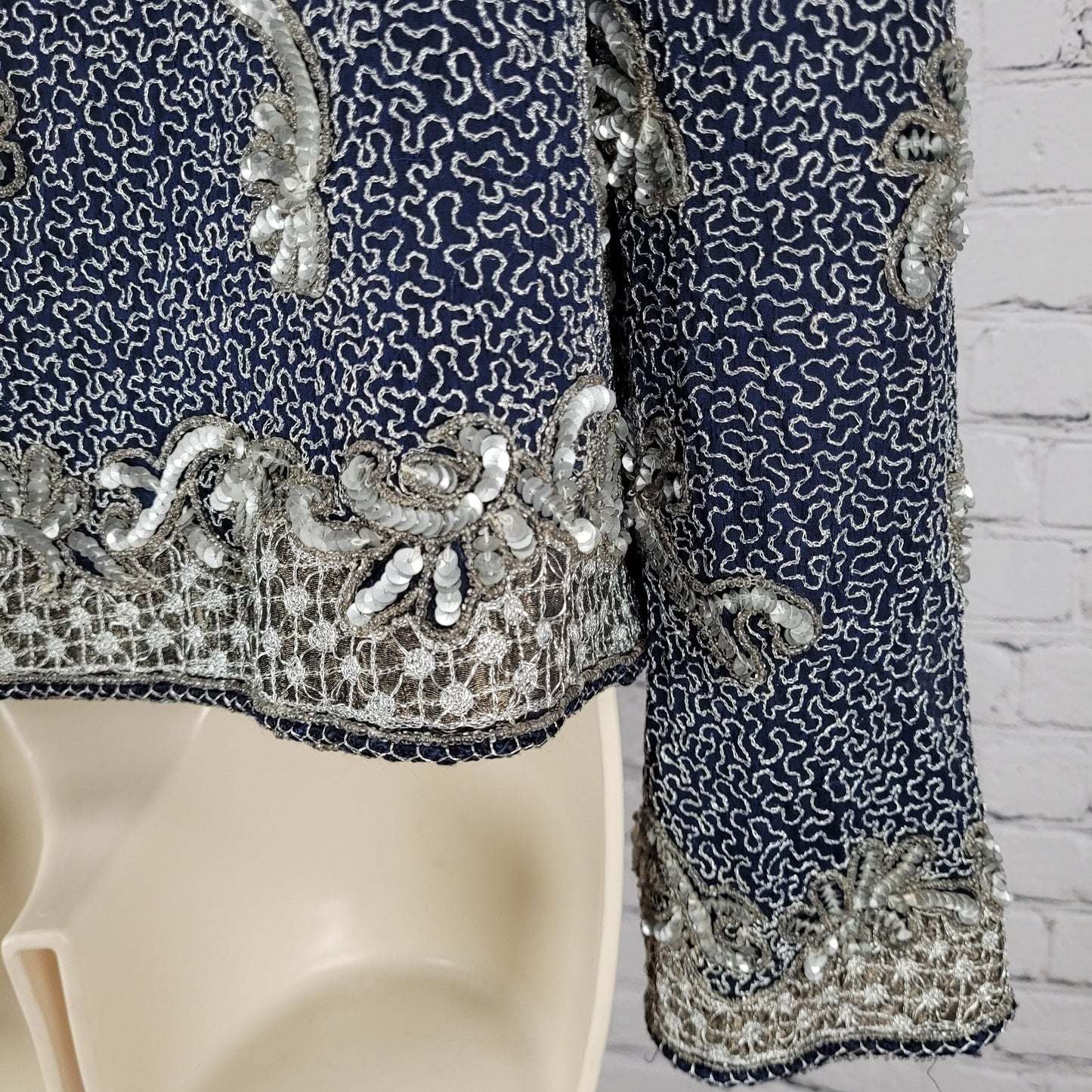 Adrianna Papell Blue Sequin Metallic Embellished Evening Jacket Size Medium M