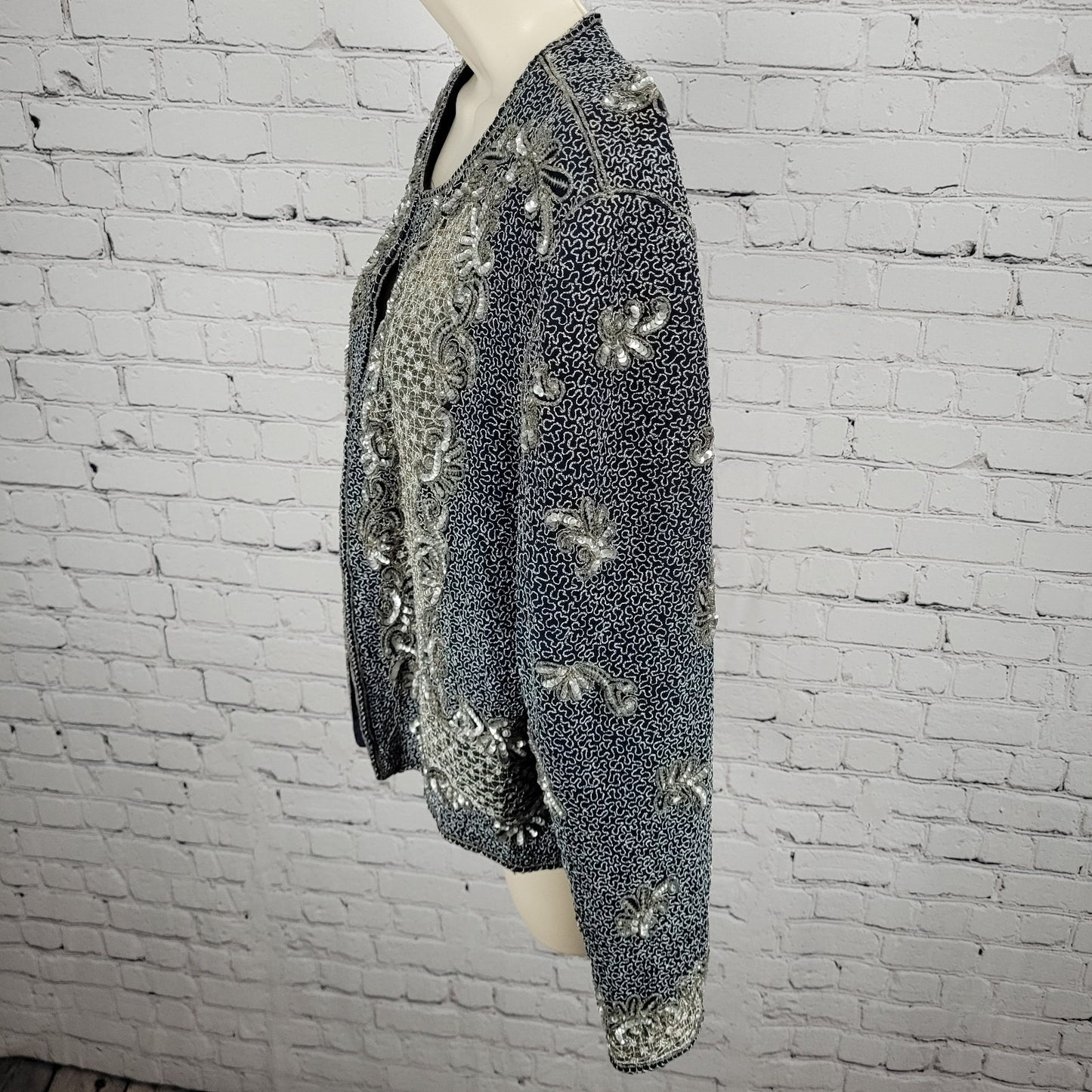 Adrianna Papell Blue Sequin Metallic Embellished Evening Jacket Size Medium M