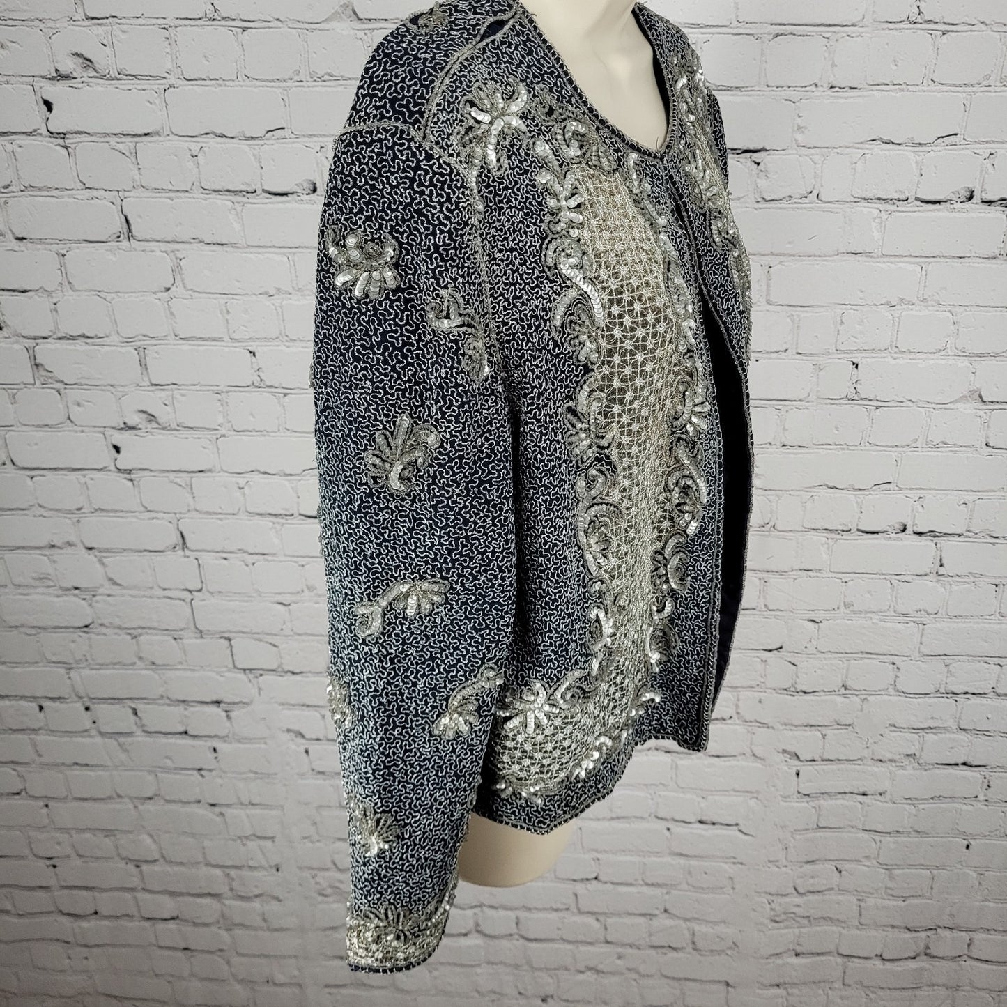 Adrianna Papell Blue Sequin Metallic Embellished Evening Jacket Size Medium M