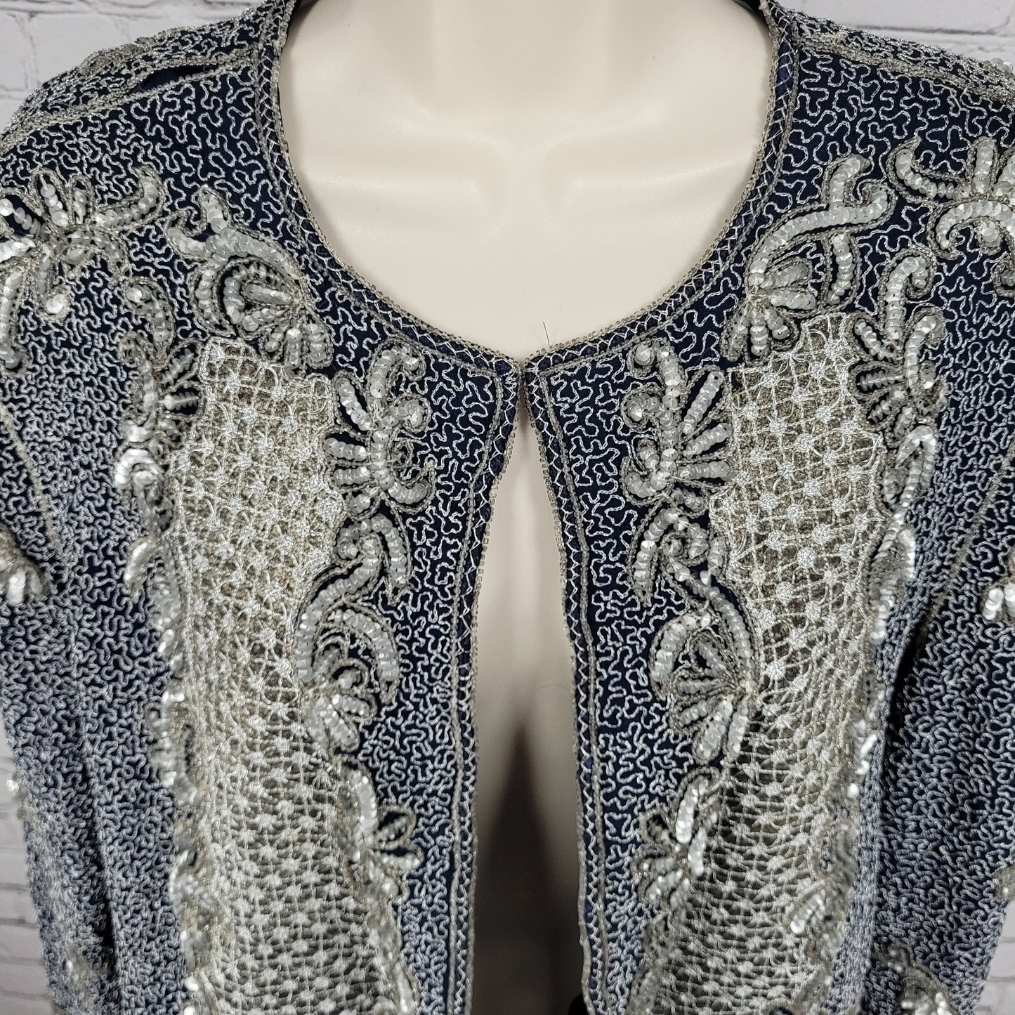 Adrianna Papell Blue Sequin Metallic Embellished Evening Jacket Size Medium M