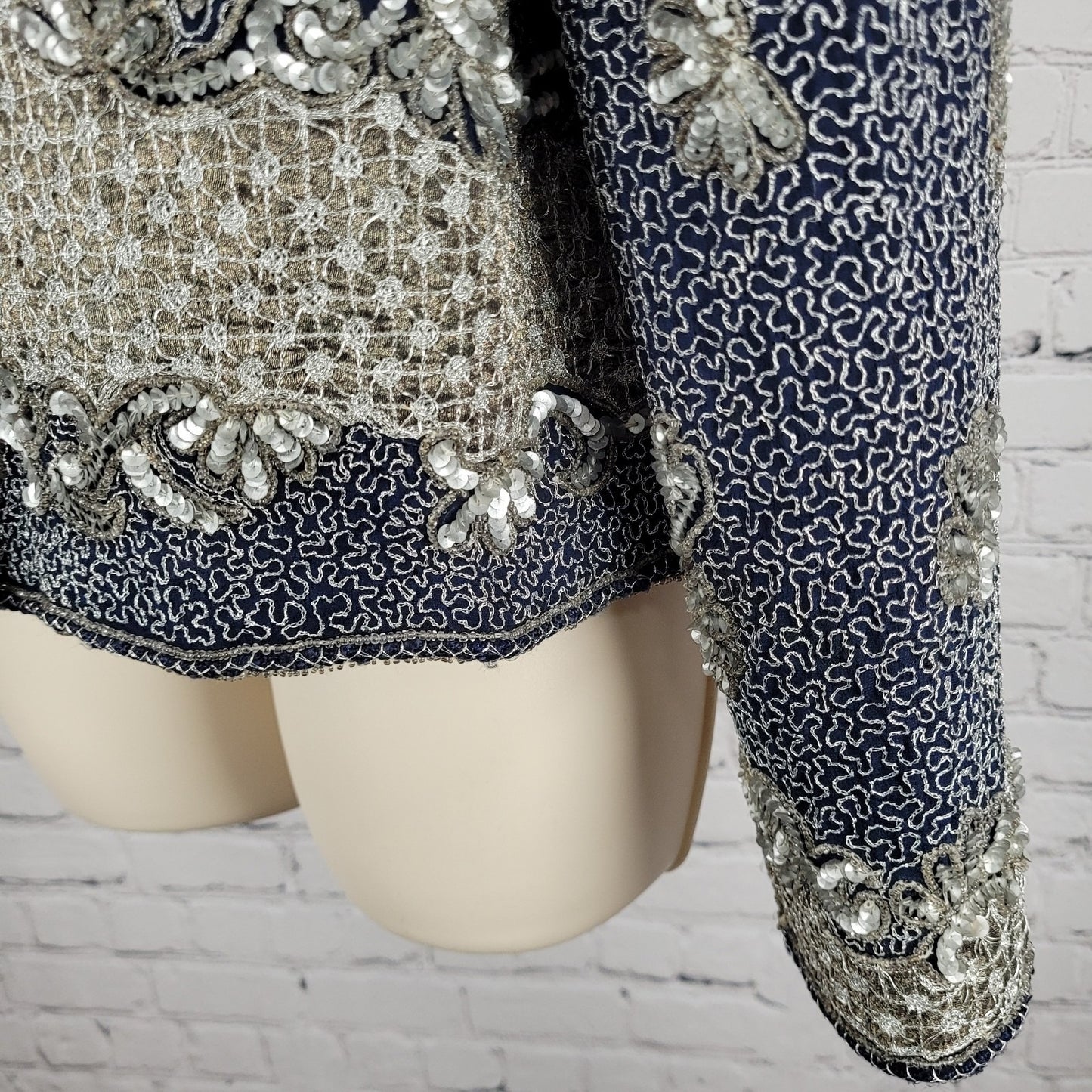 Adrianna Papell Blue Sequin Metallic Embellished Evening Jacket Size Medium M