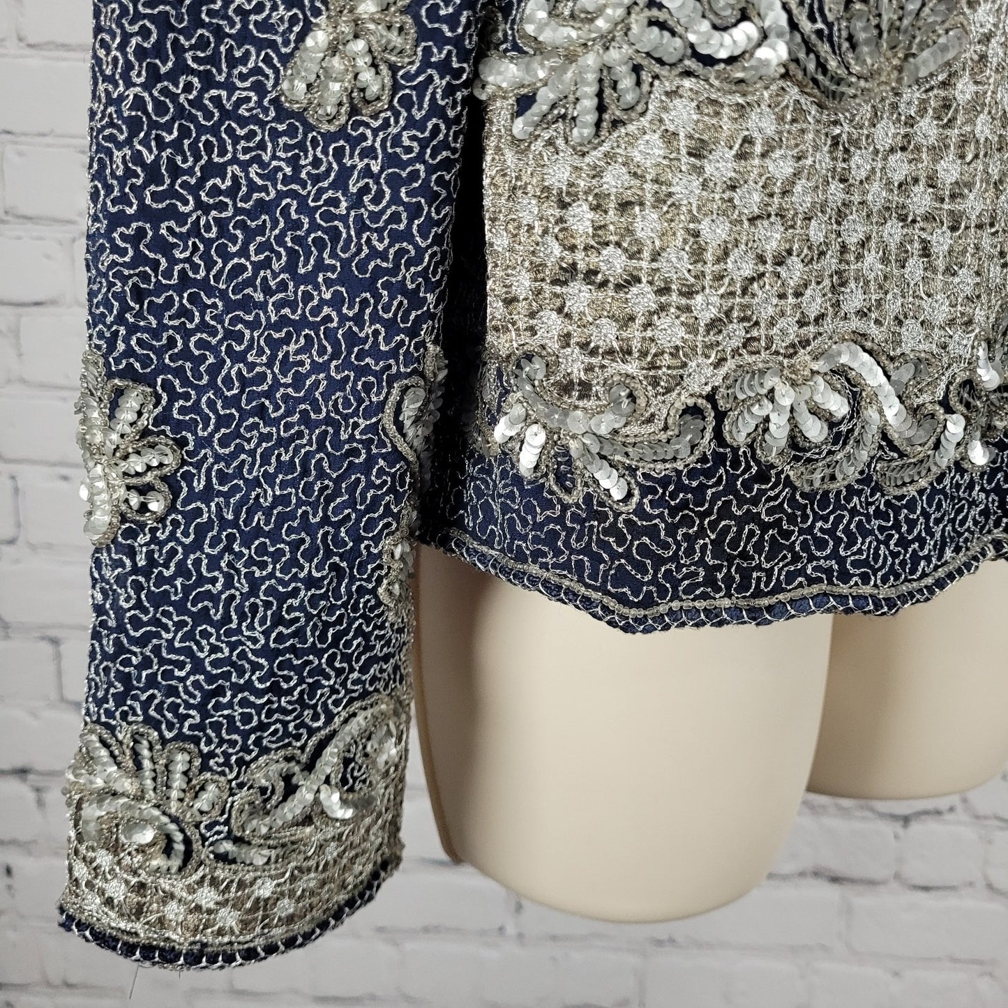 Adrianna Papell Blue Sequin Metallic Embellished Evening Jacket Size Medium M