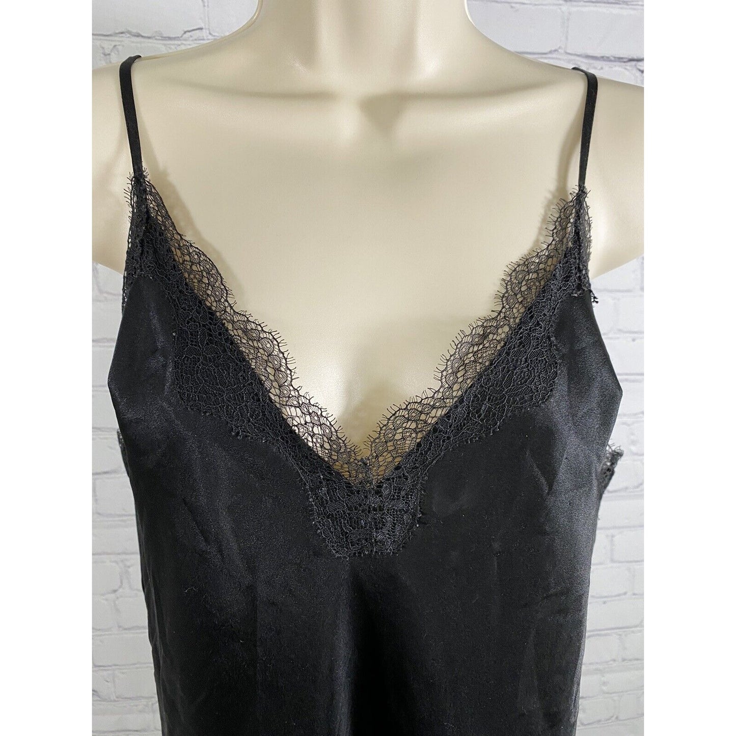 Victorias Secret Black Satin Adjustable Strap V Neck Lace Accent Nightie M