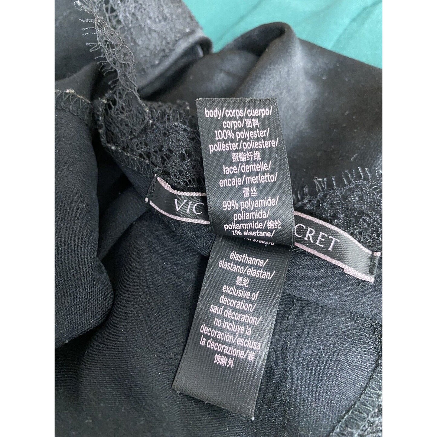 Victorias Secret Black Satin Adjustable Strap V Neck Lace Accent Nightie M