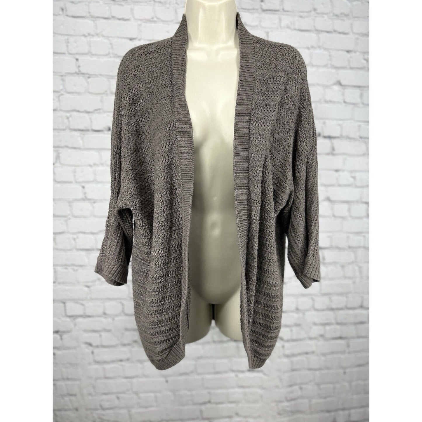 Chicos Brown Knit 3/4 Sleeve Embroidered Open Cardigan Sweater Size 2 (Medium)