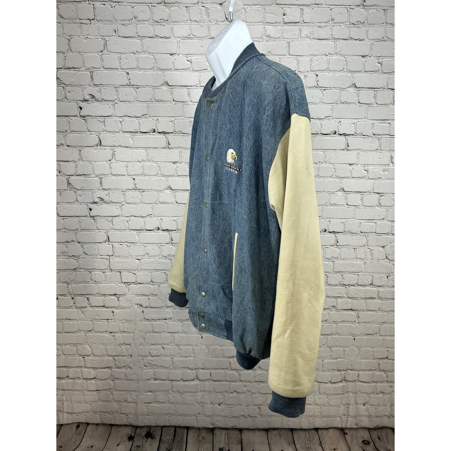 Fruit Of The Loom Super Cotton Light Wash Denim Varsity Jacket Alaska Eagle XL