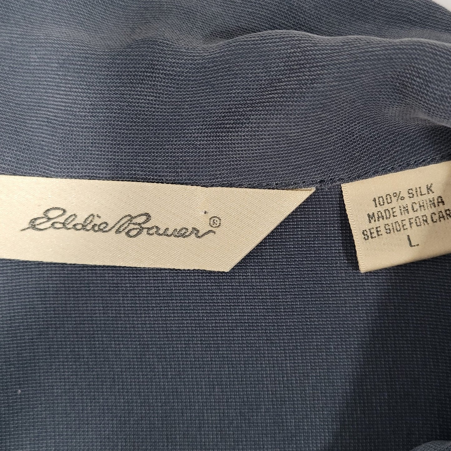 Eddie Bauer Blue Grey 100% Silk Button Up Long Sleeve Collar Shirt Size Large L