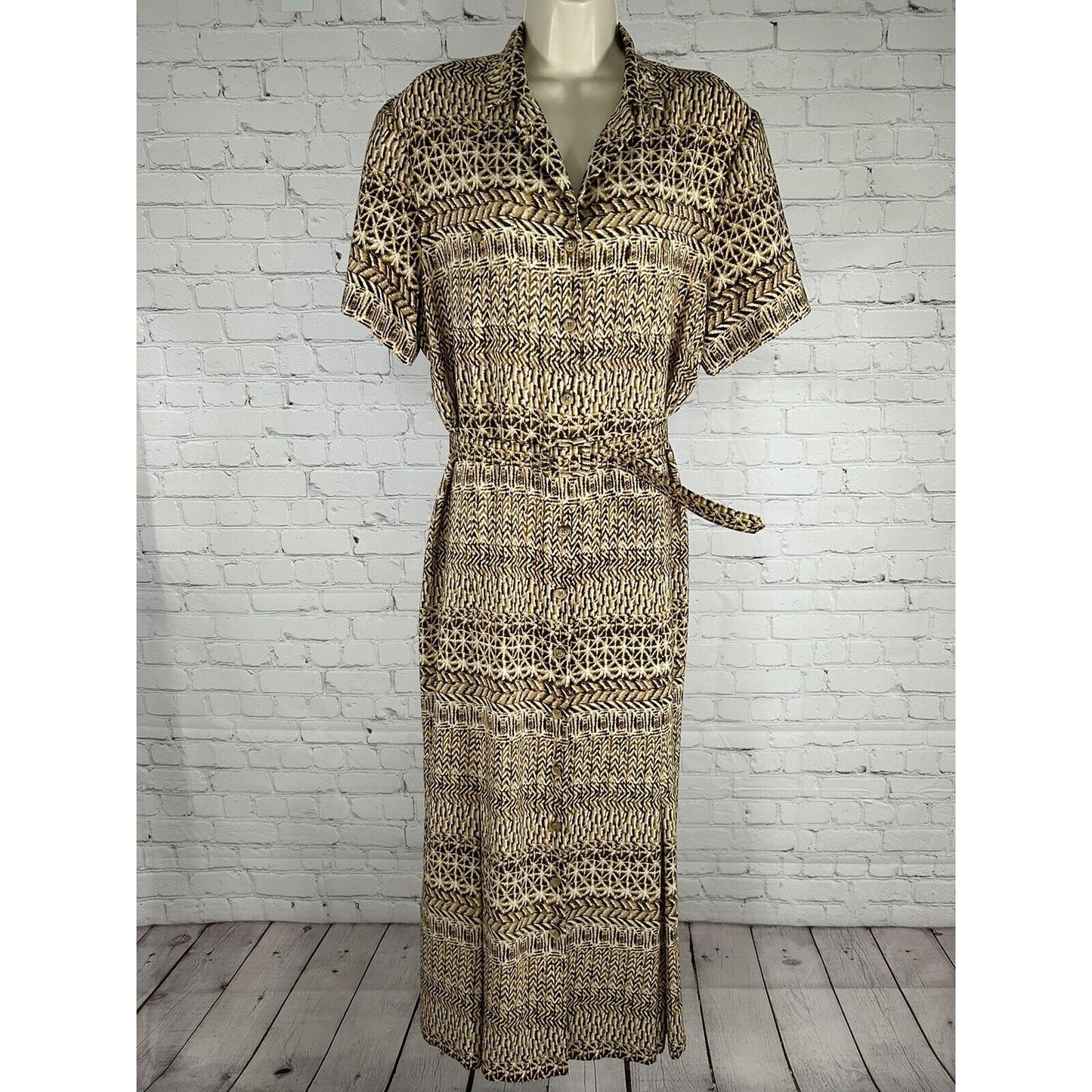 Leslie Fay Long Belted Short Sleeve Button Up Shoulder Pad Shirt Dress Womens 18