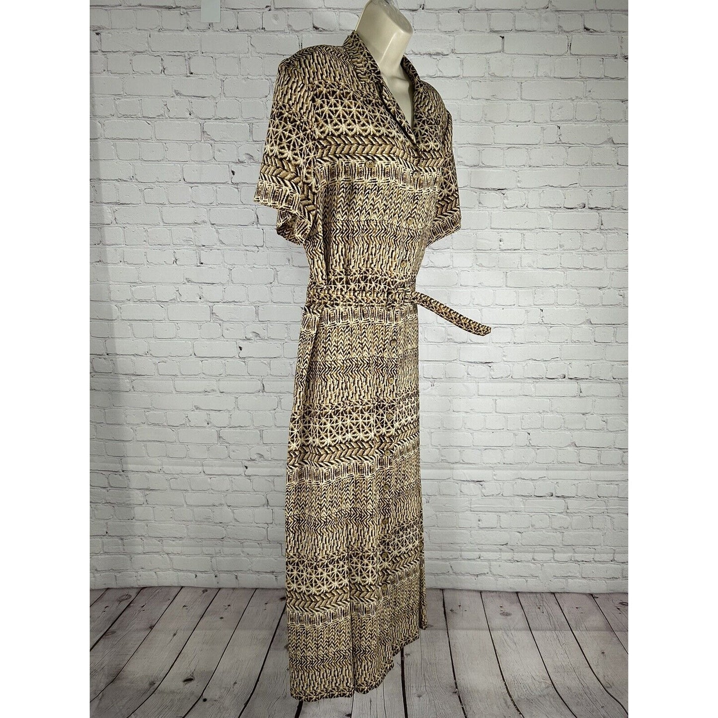 Leslie Fay Long Belted Short Sleeve Button Up Shoulder Pad Shirt Dress Womens 18