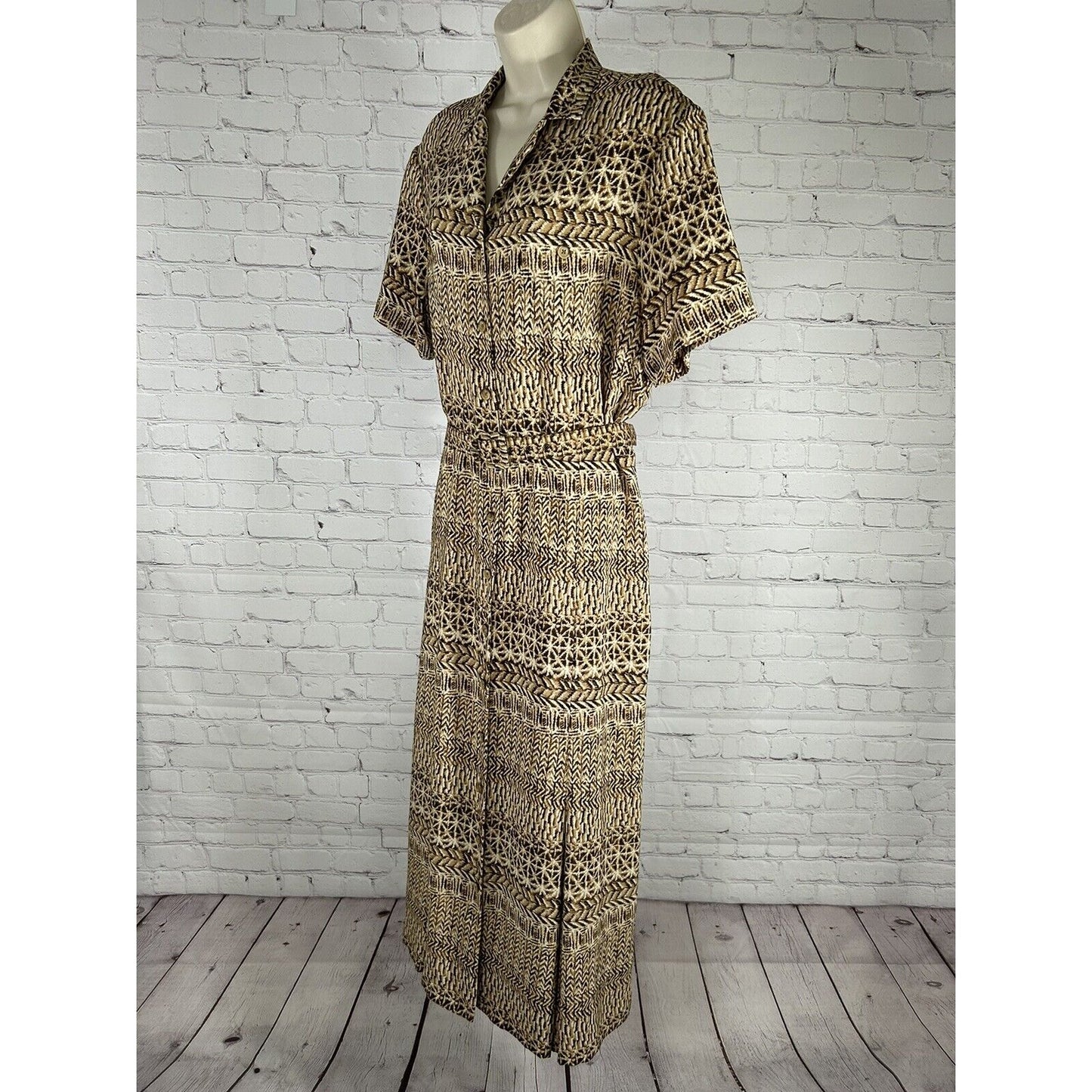 Leslie Fay Long Belted Short Sleeve Button Up Shoulder Pad Shirt Dress Womens 18