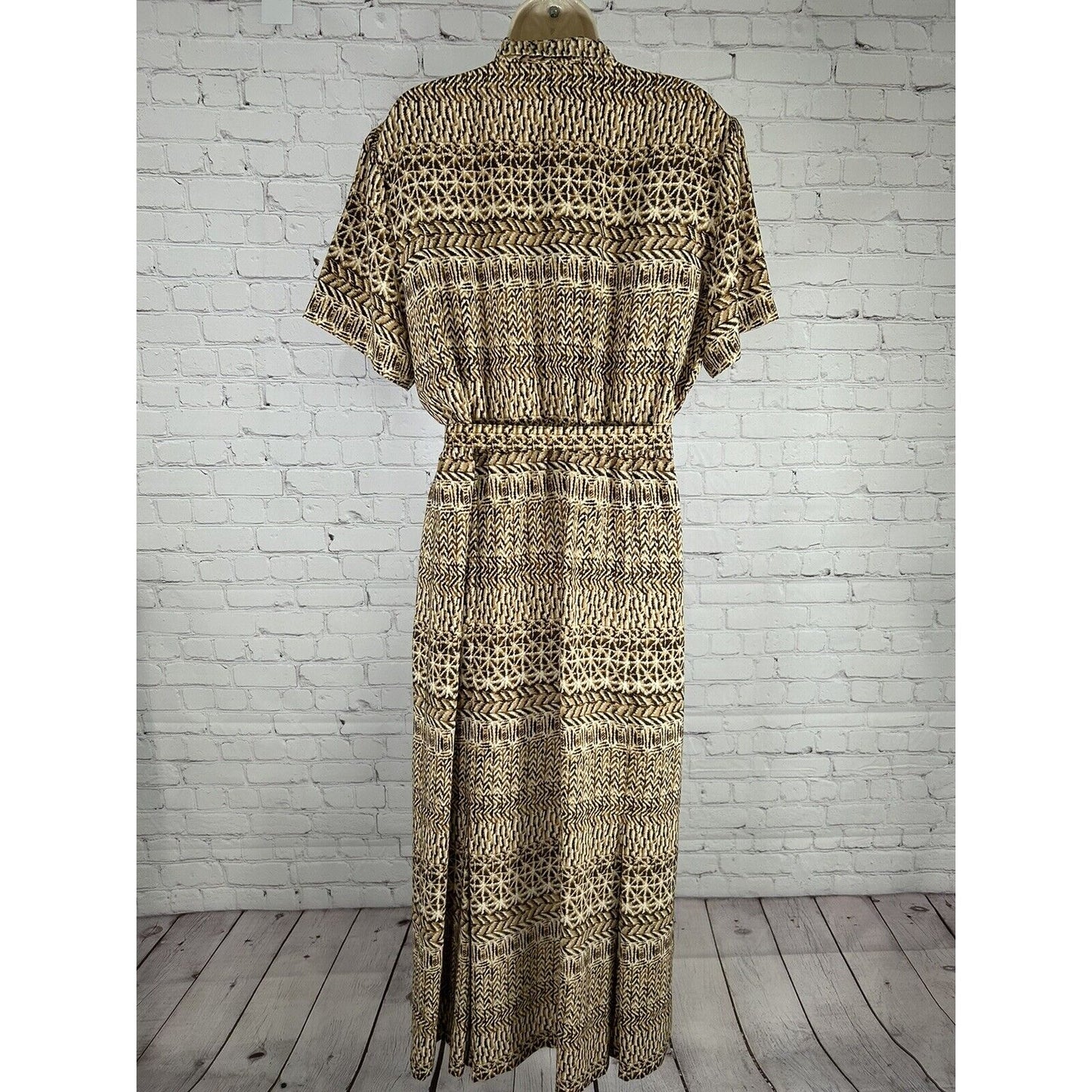 Leslie Fay Long Belted Short Sleeve Button Up Shoulder Pad Shirt Dress Womens 18