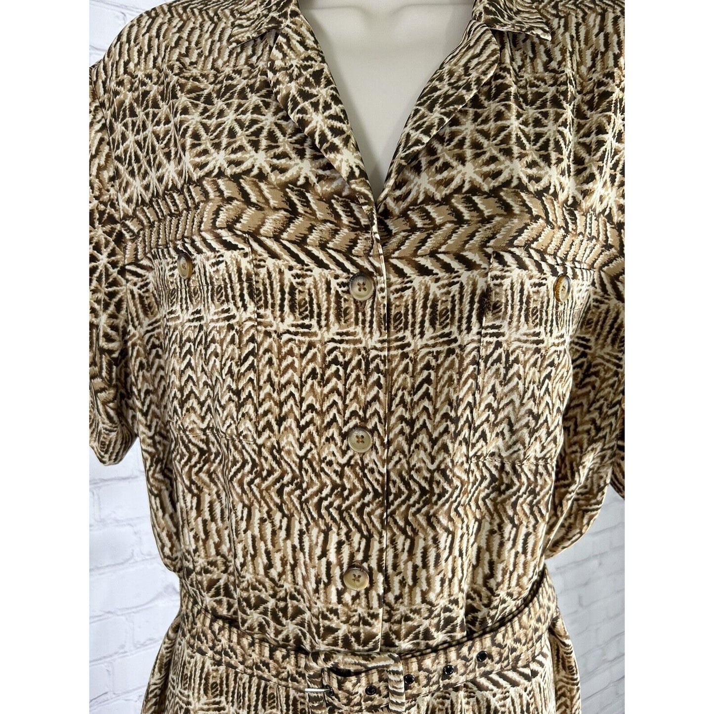Leslie Fay Long Belted Short Sleeve Button Up Shoulder Pad Shirt Dress Womens 18
