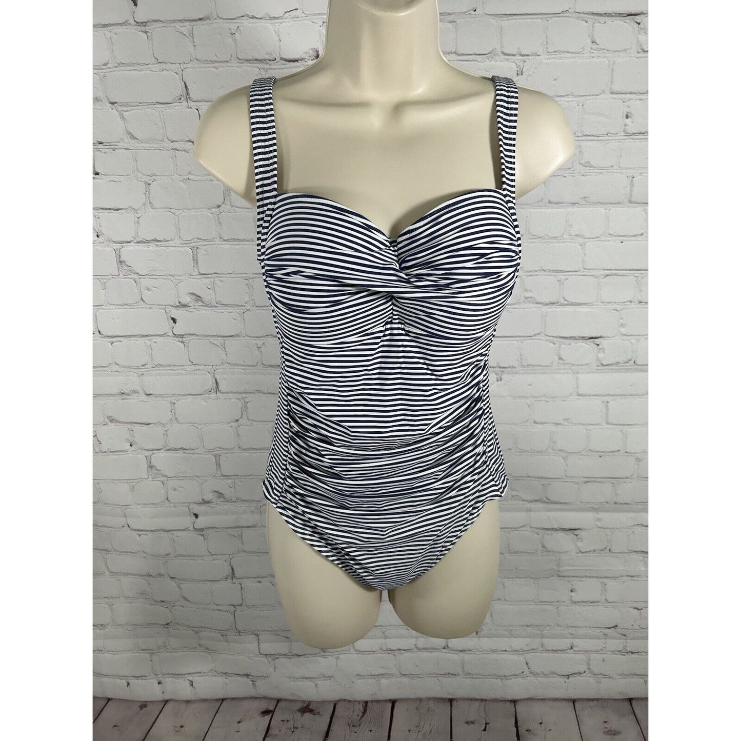 Nip Tuck One Piece Swimsuit Bathing Suit Navy White Stripes Multi Fit Cups 12
