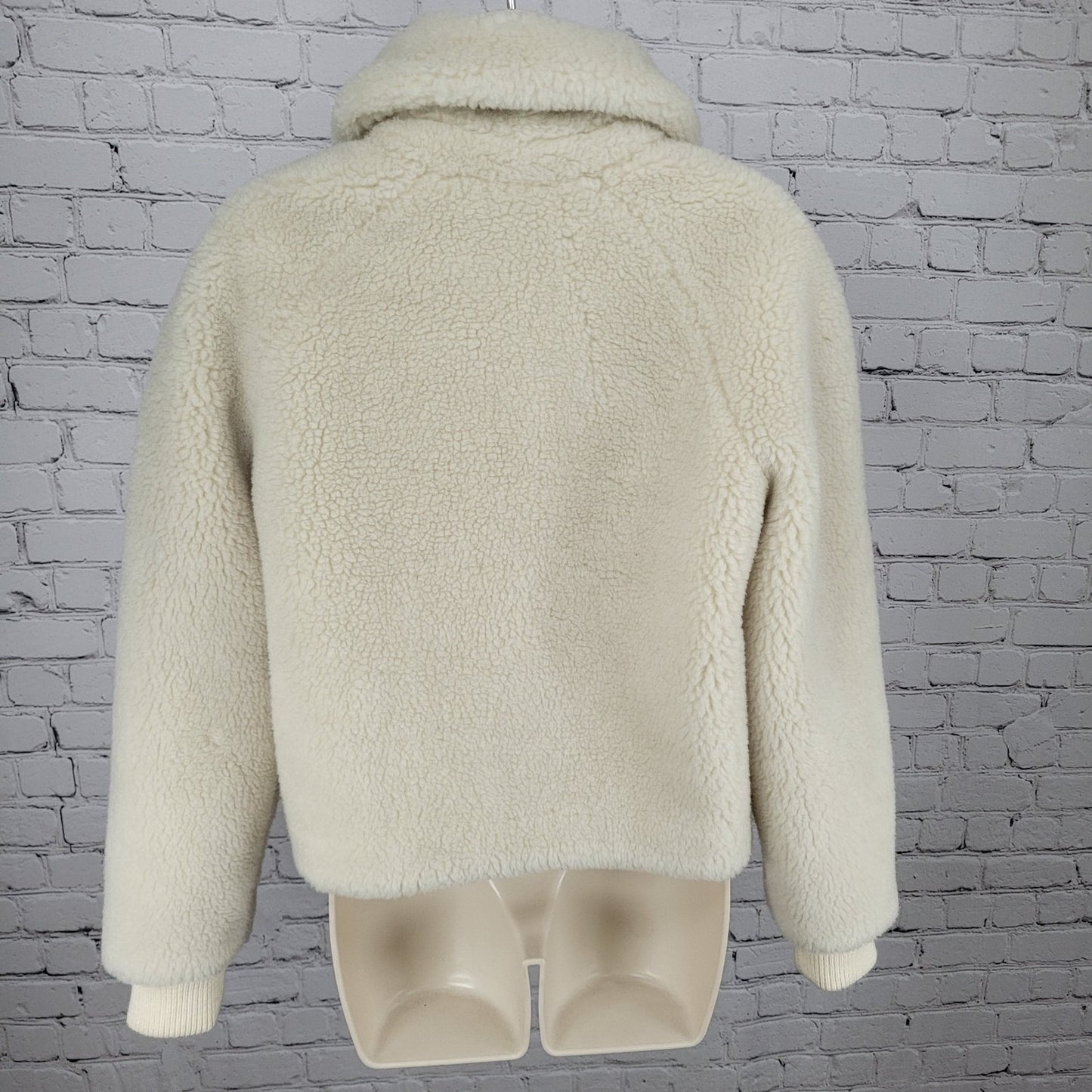 J.CREW Ivory Faux Fur Sherpa Gold Zip Knit Cuff Pockets Jacket Size Small S