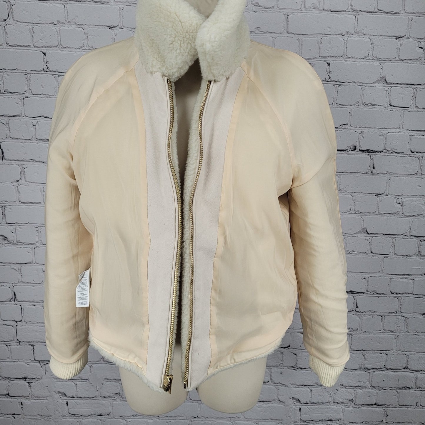 J.CREW Ivory Faux Fur Sherpa Gold Zip Knit Cuff Pockets Jacket Size Small S