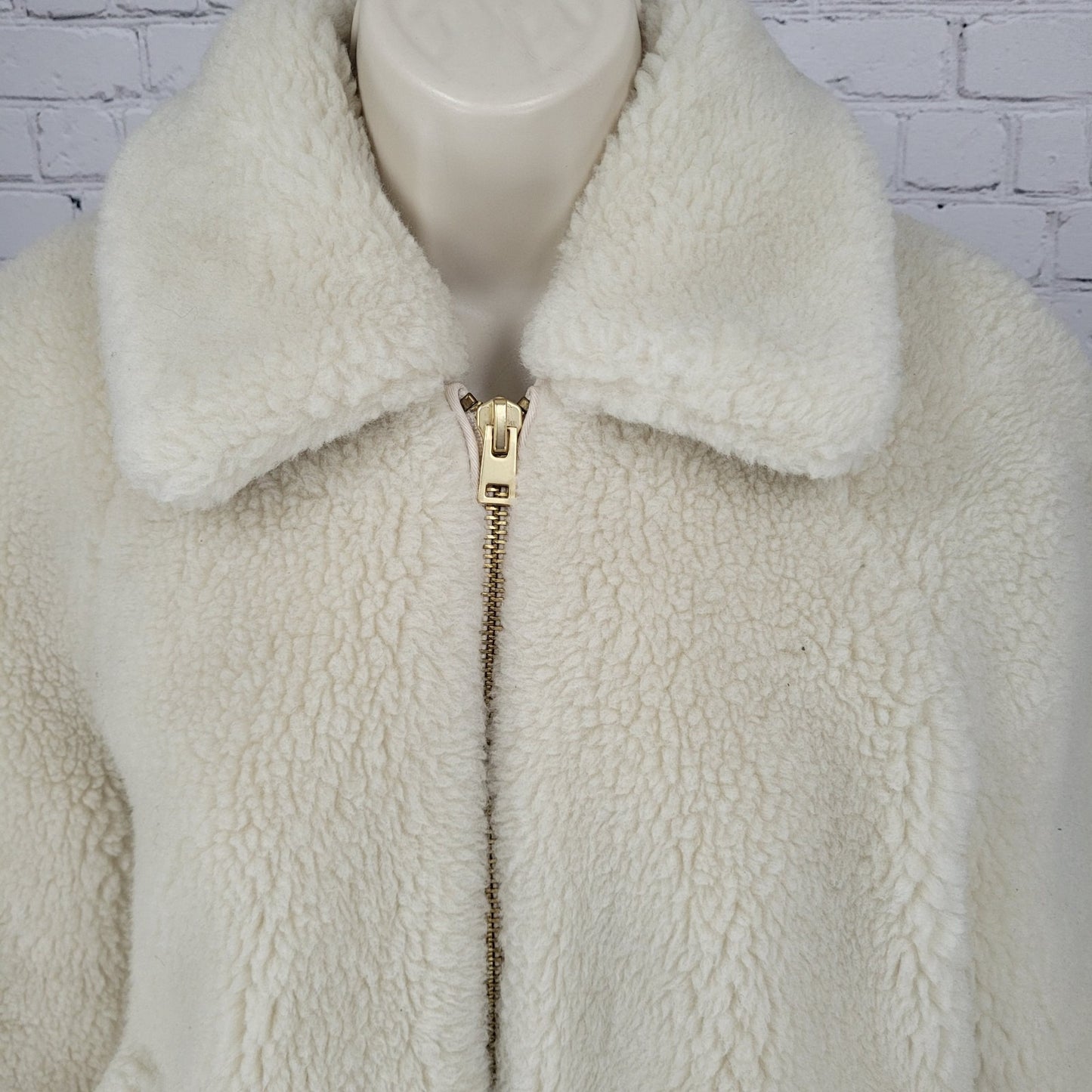 J.CREW Ivory Faux Fur Sherpa Gold Zip Knit Cuff Pockets Jacket Size Small S