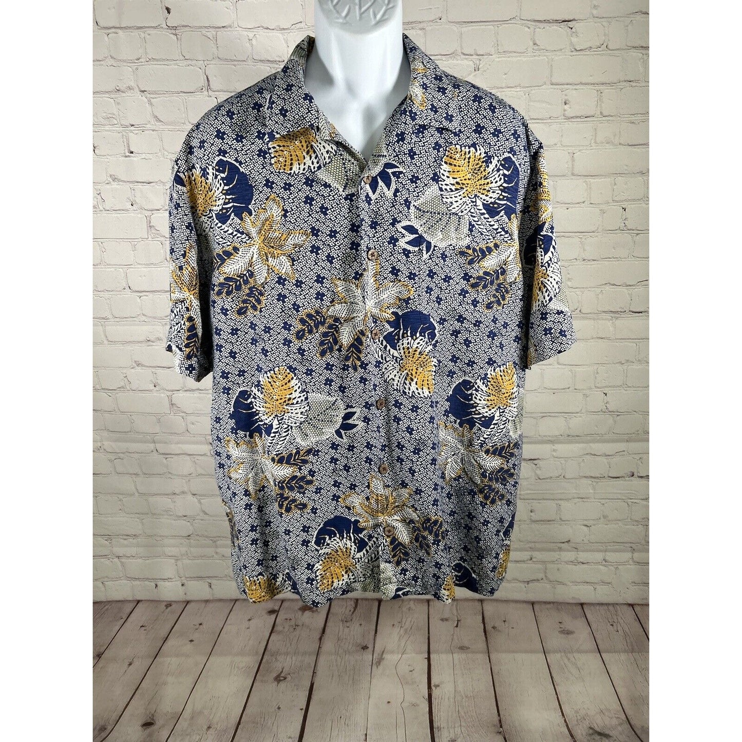 Caribbean 100% Pure Silk Button Up Short Sleeve Blue Yellow Hawaiian Shirt XL