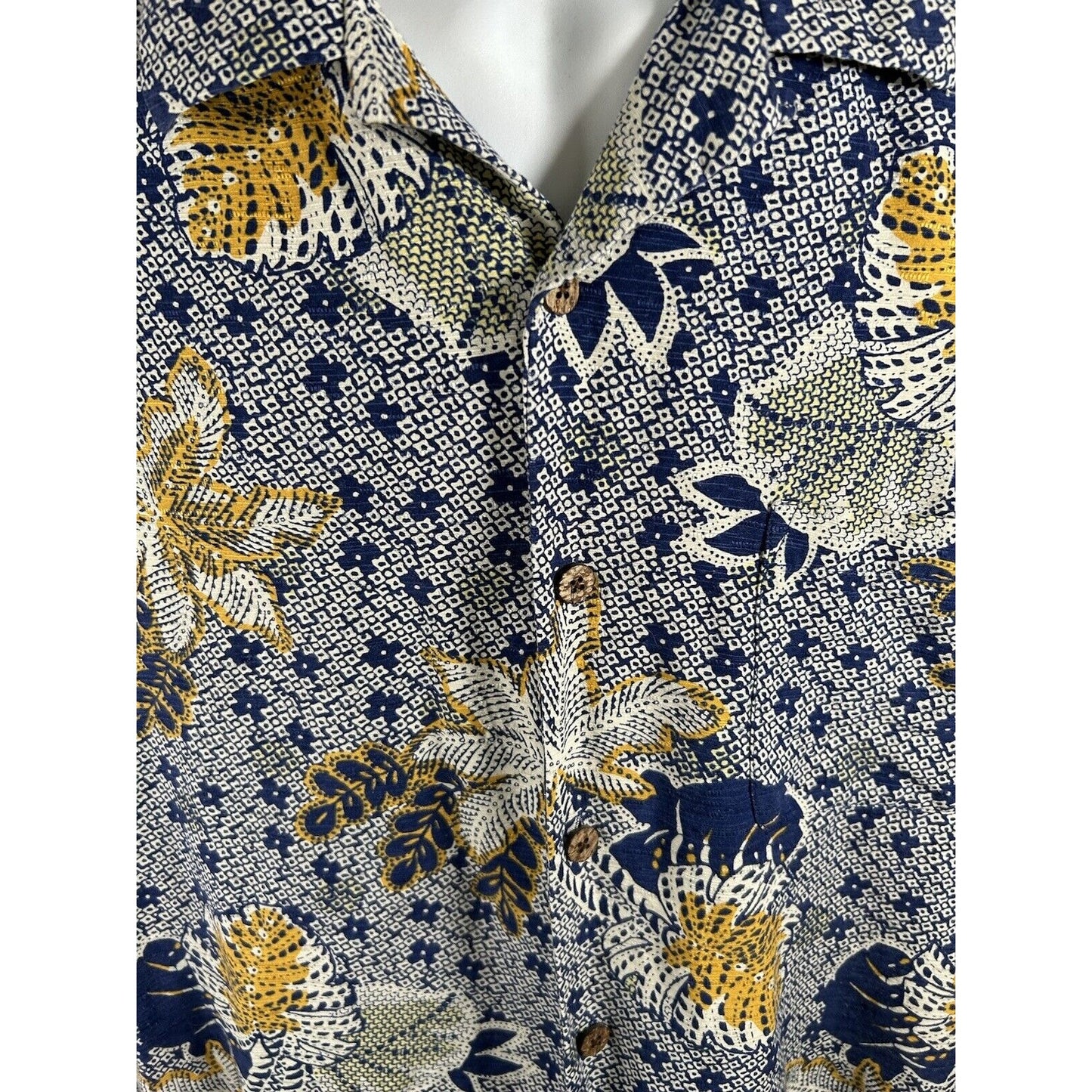 Caribbean 100% Pure Silk Button Up Short Sleeve Blue Yellow Hawaiian Shirt XL