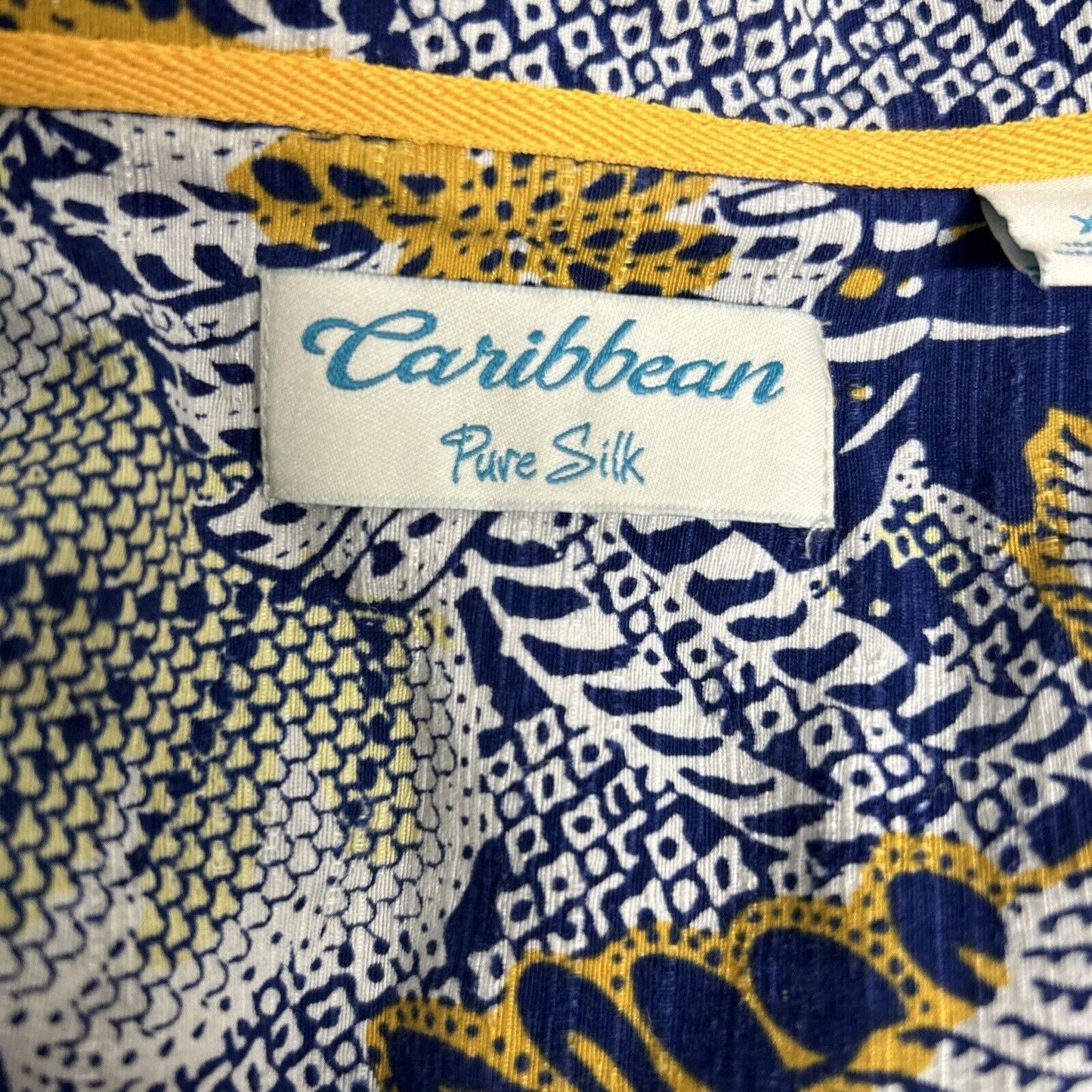 Caribbean 100% Pure Silk Button Up Short Sleeve Blue Yellow Hawaiian Shirt XL