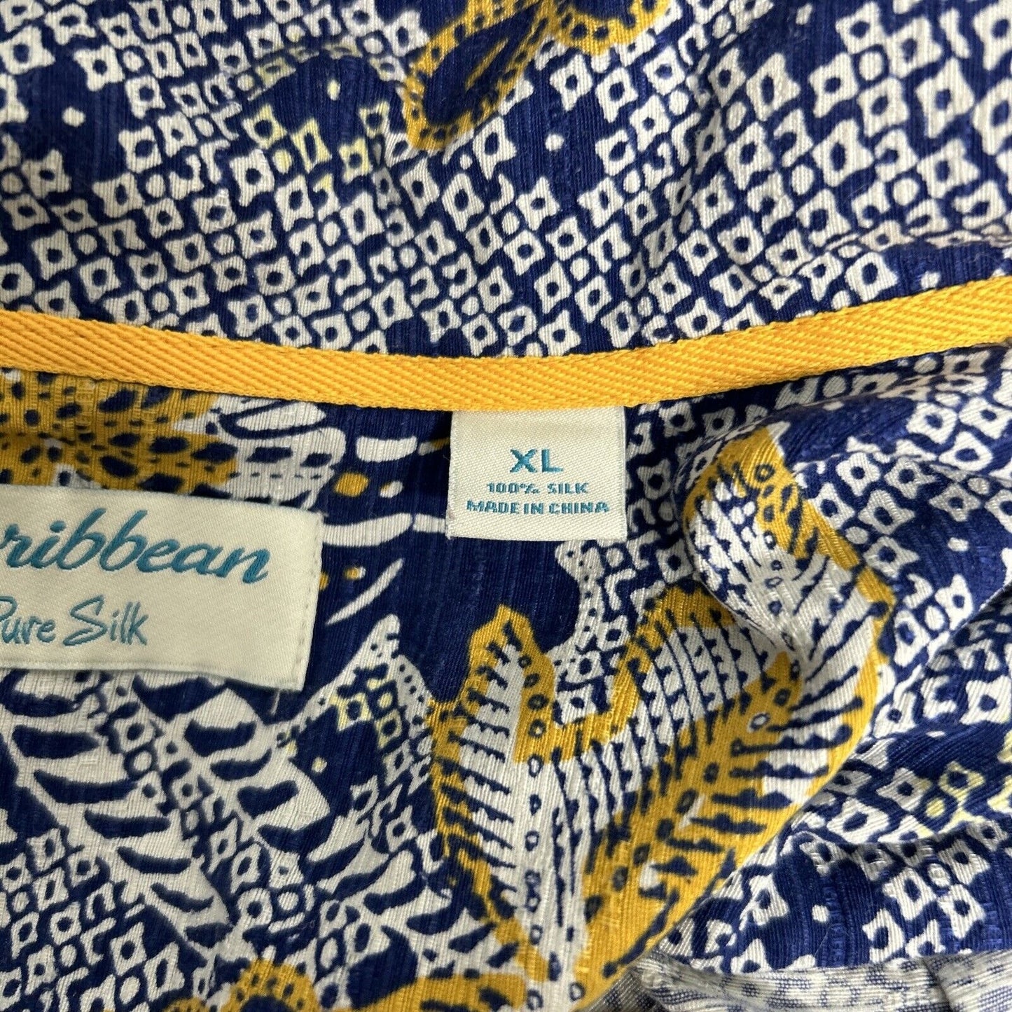 Caribbean 100% Pure Silk Button Up Short Sleeve Blue Yellow Hawaiian Shirt XL