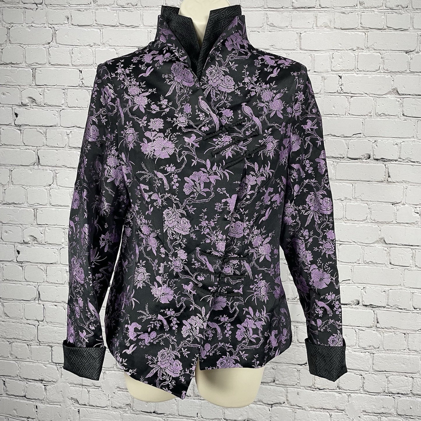 Asian Trend Black Purple Silk Chinese Cheongsam Long Sleeve Shirt Size Medium M