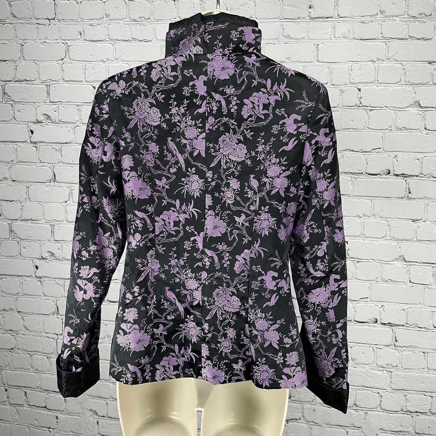 Asian Trend Black Purple Silk Chinese Cheongsam Long Sleeve Shirt Size Medium M