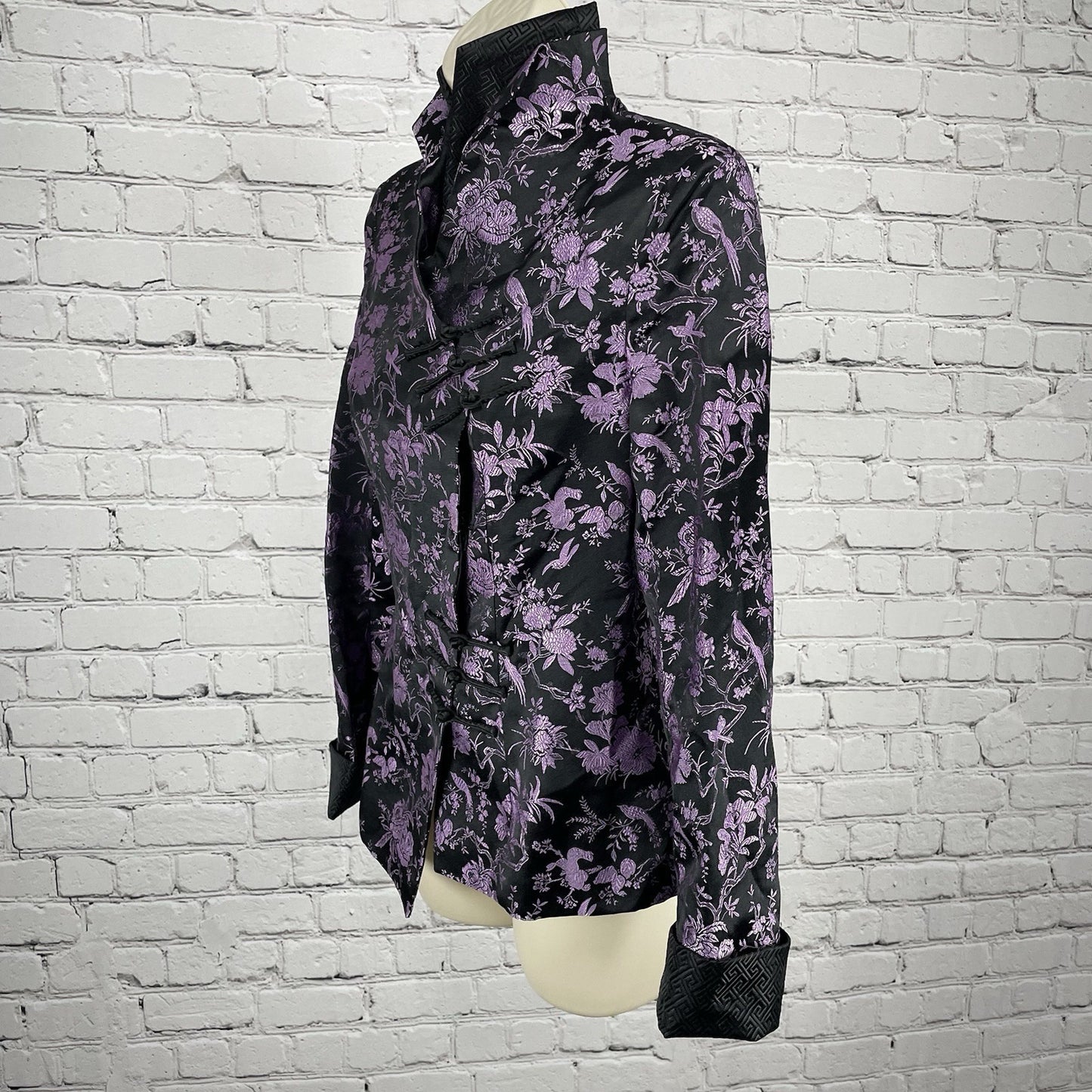 Asian Trend Black Purple Silk Chinese Cheongsam Long Sleeve Shirt Size Medium M