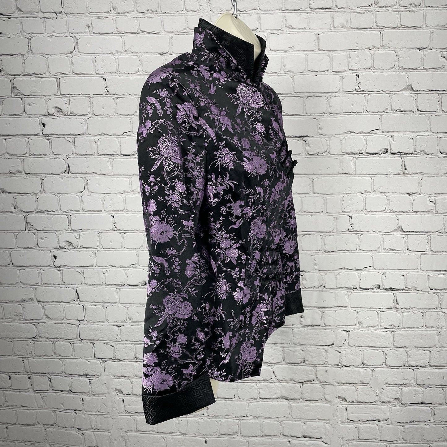 Asian Trend Black Purple Silk Chinese Cheongsam Long Sleeve Shirt Size Medium M