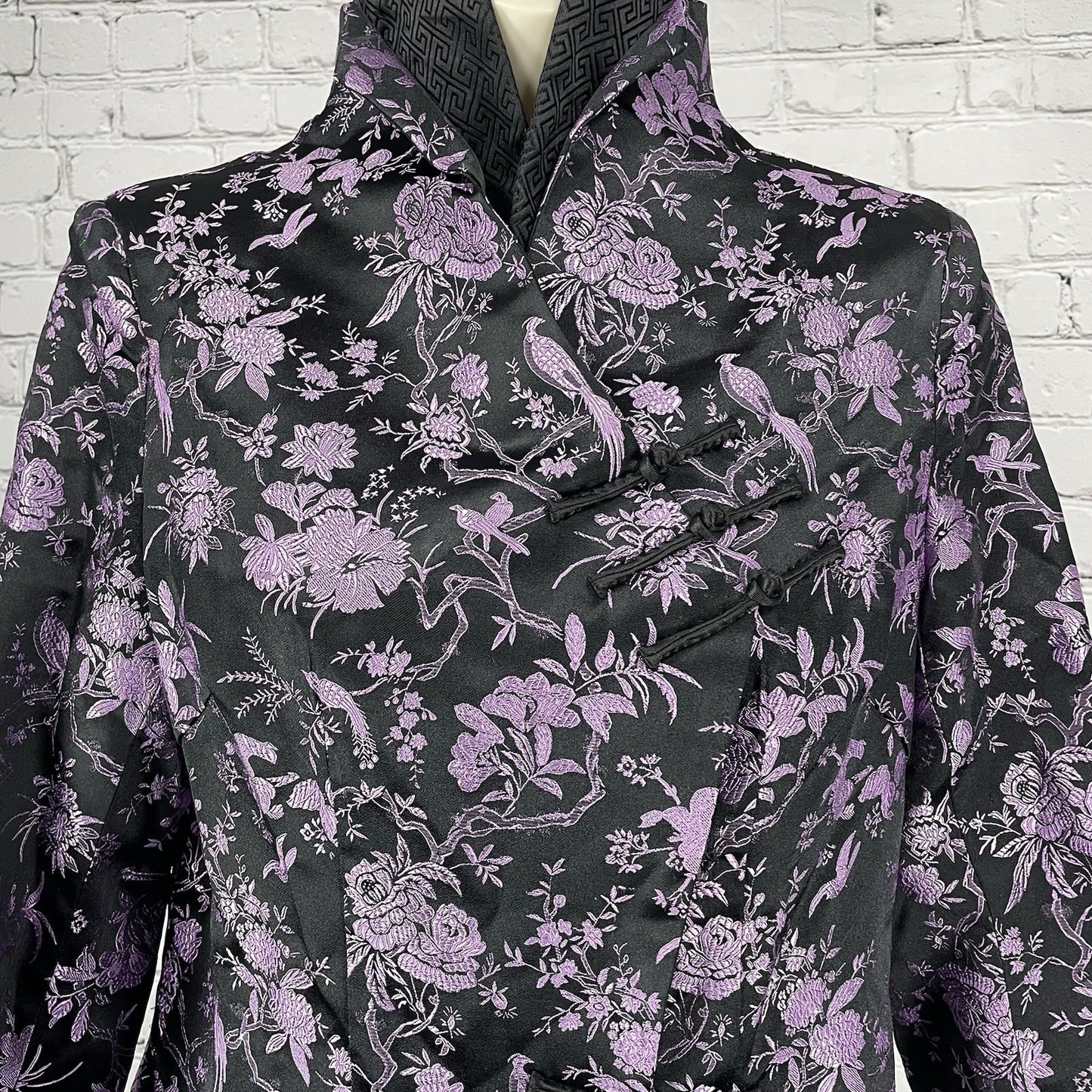 Asian Trend Black Purple Silk Chinese Cheongsam Long Sleeve Shirt Size Medium M
