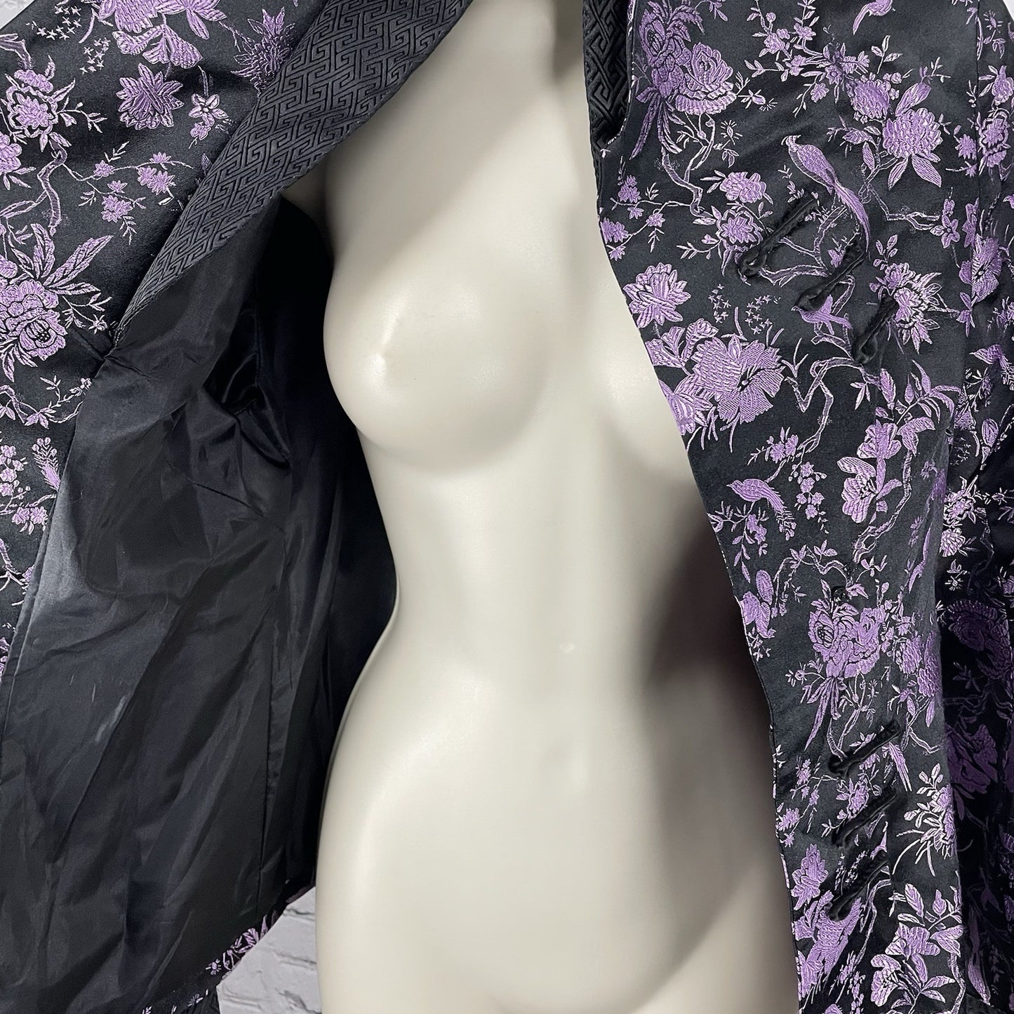 Asian Trend Black Purple Silk Chinese Cheongsam Long Sleeve Shirt Size Medium M
